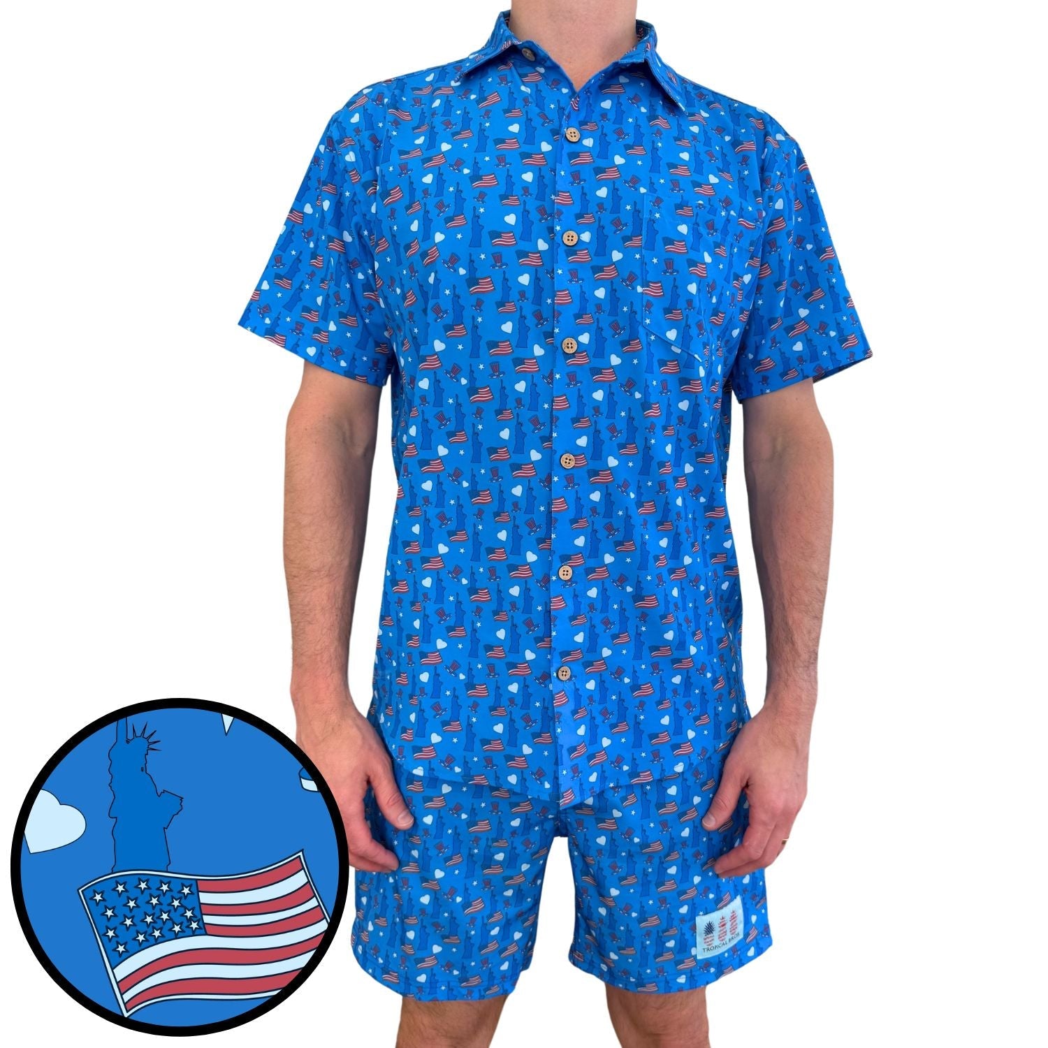 Person wearing a blue patterned shirt and shorts with an inset showing the pattern details.