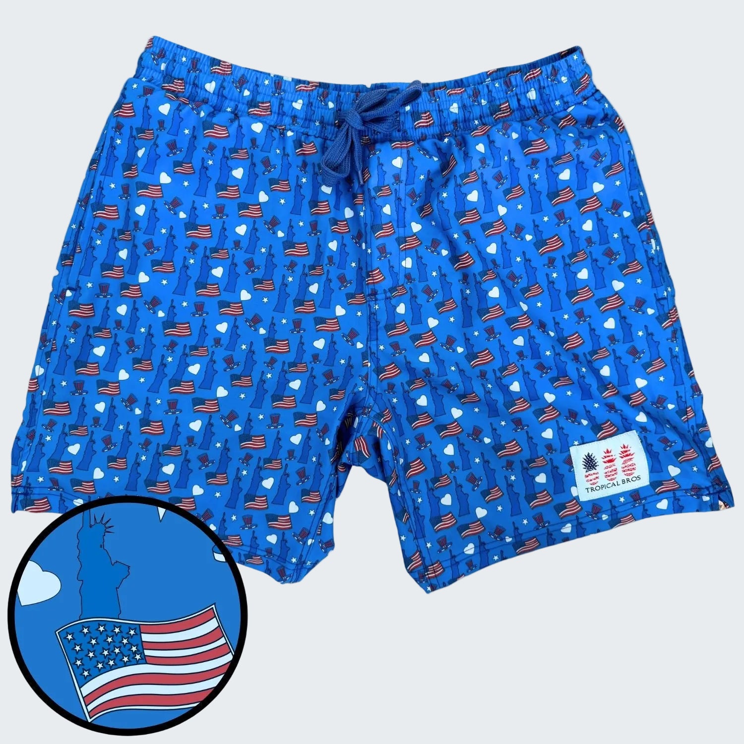 Blue shorts with American flag pattern on a white background