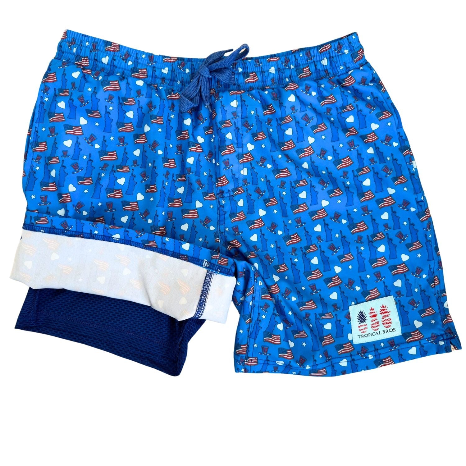 Blue shorts with American flag pattern on a white background