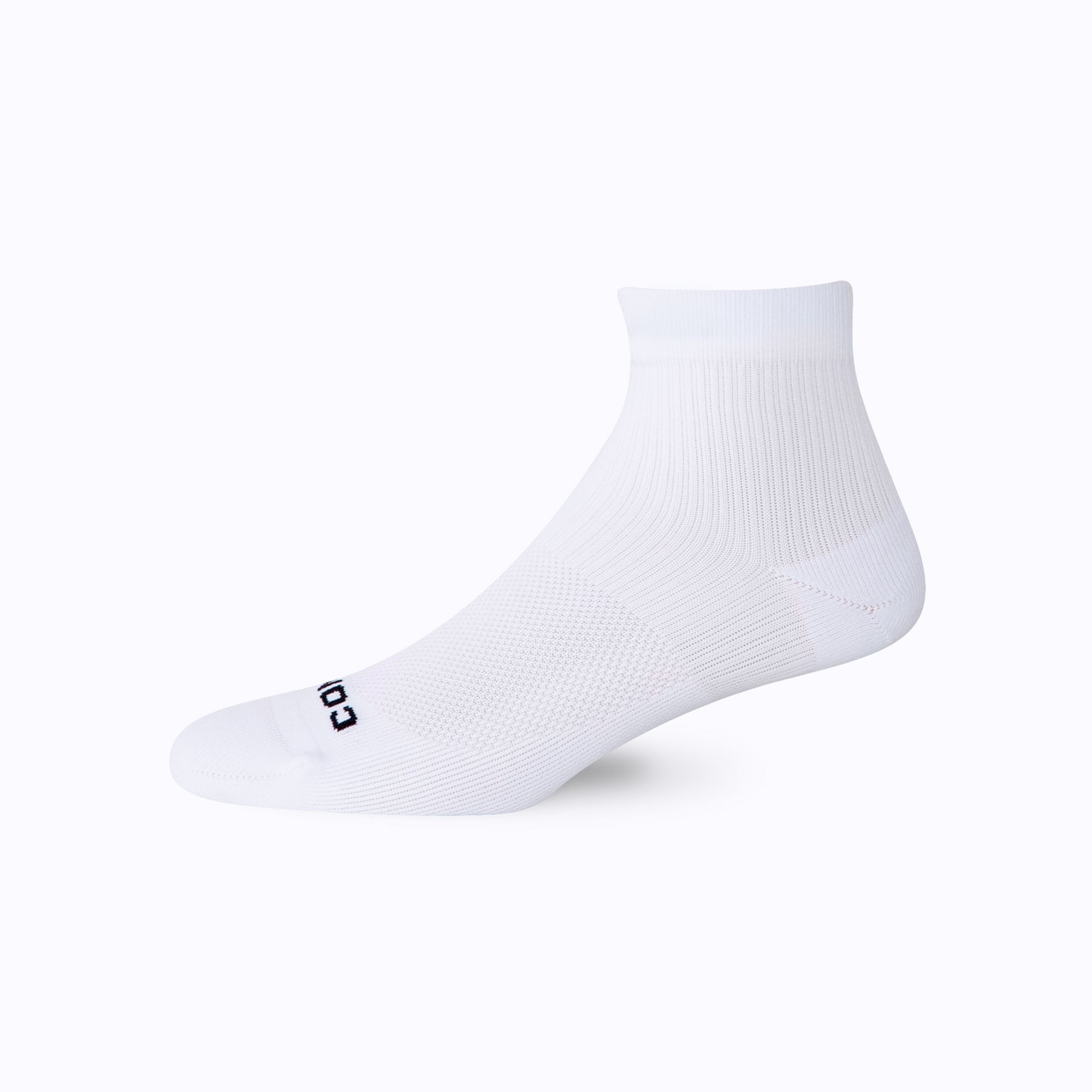 White ankle sock with a brand logo on a white background