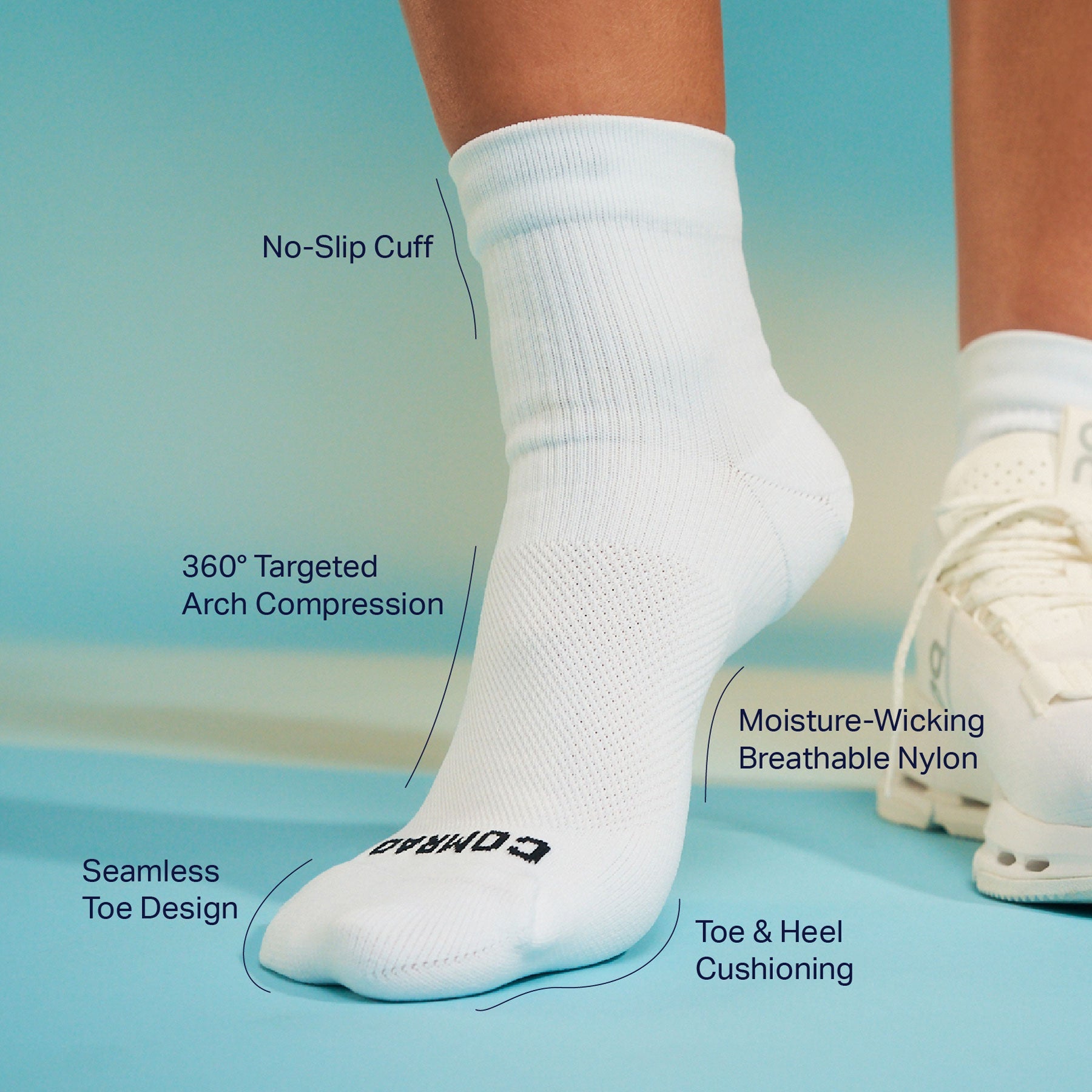 White sock with features labeled on a blue background