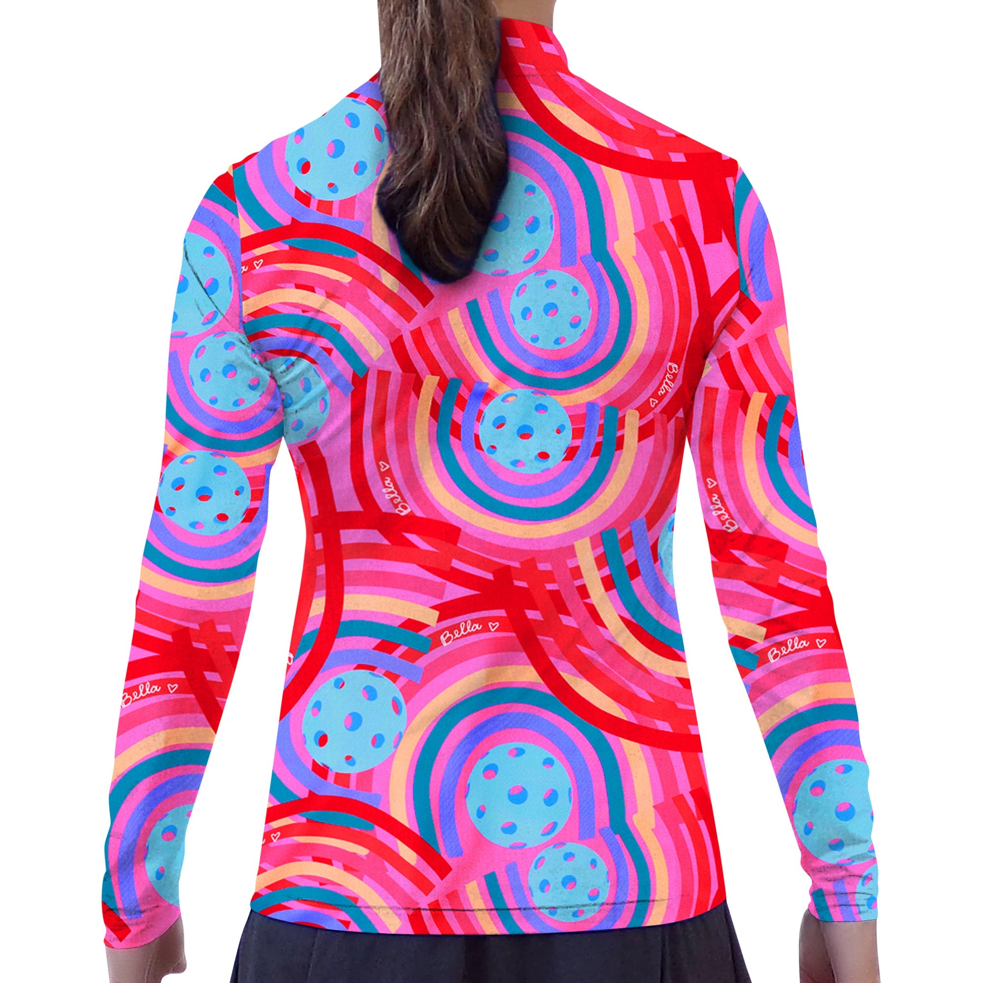 Colorful long-sleeve shirt with abstract pattern on a white background