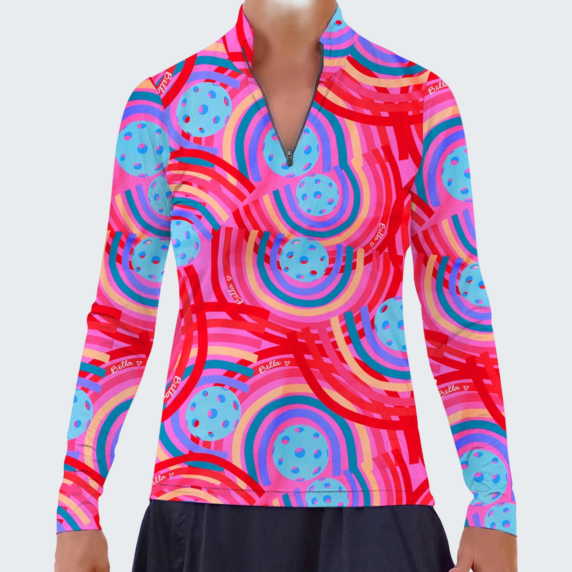 Colorful long-sleeve shirt with circular pattern on a white background