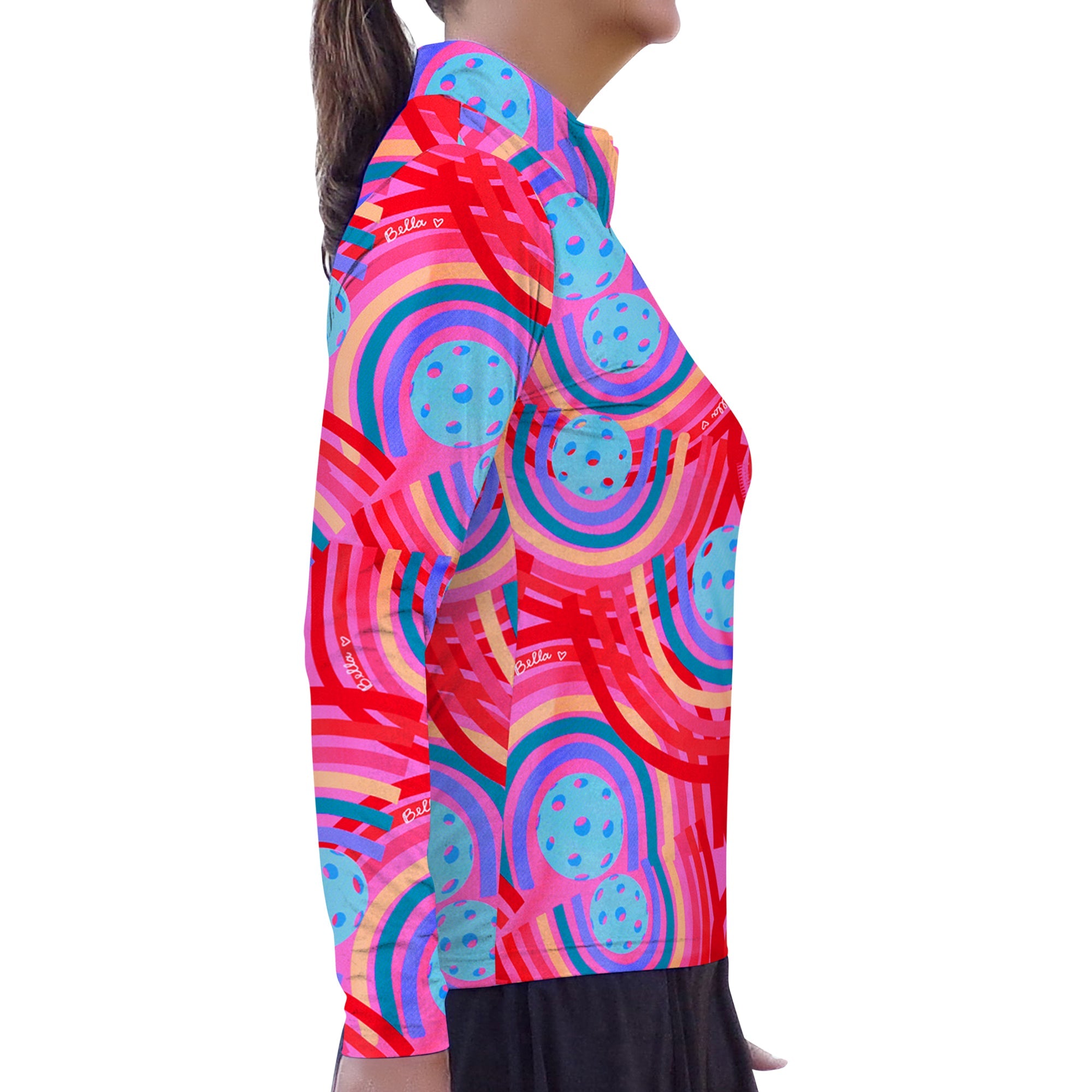 Colorful patterned shirt worn by a person on a white background