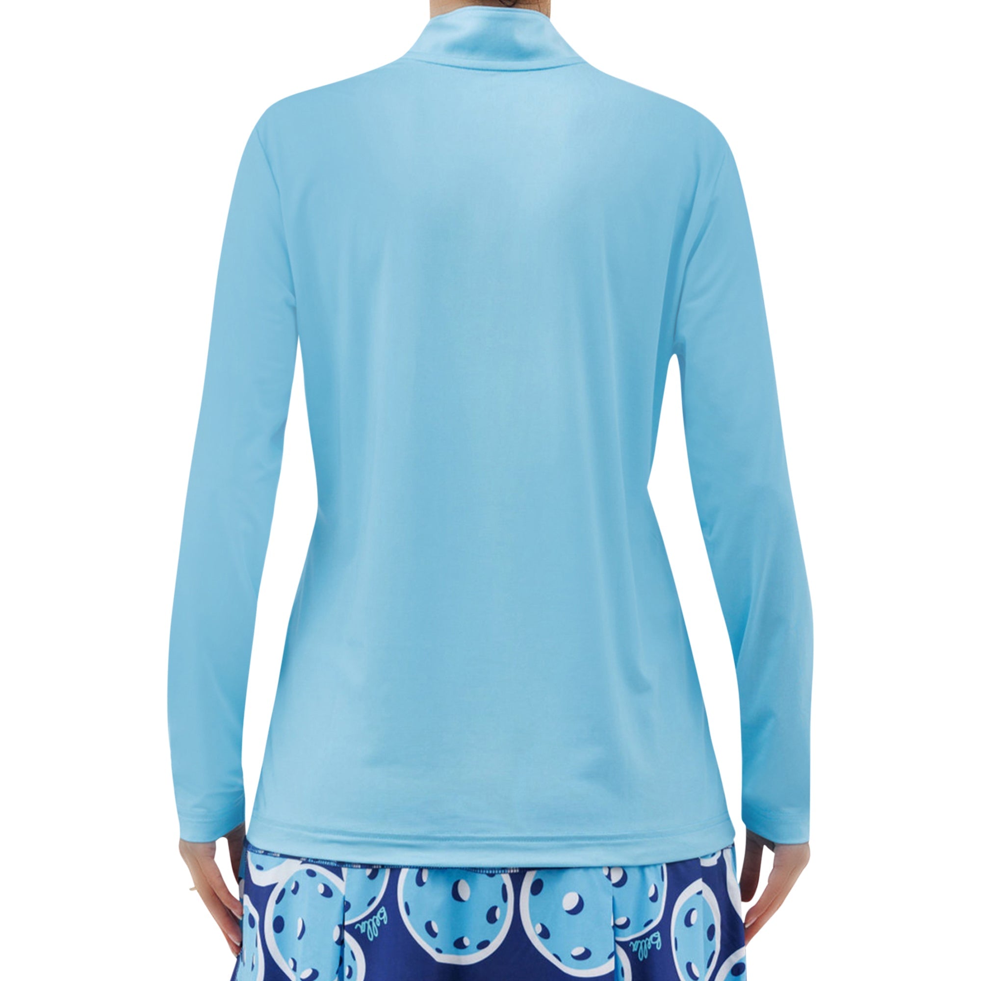 Light blue long-sleeve top worn by a person on a white background