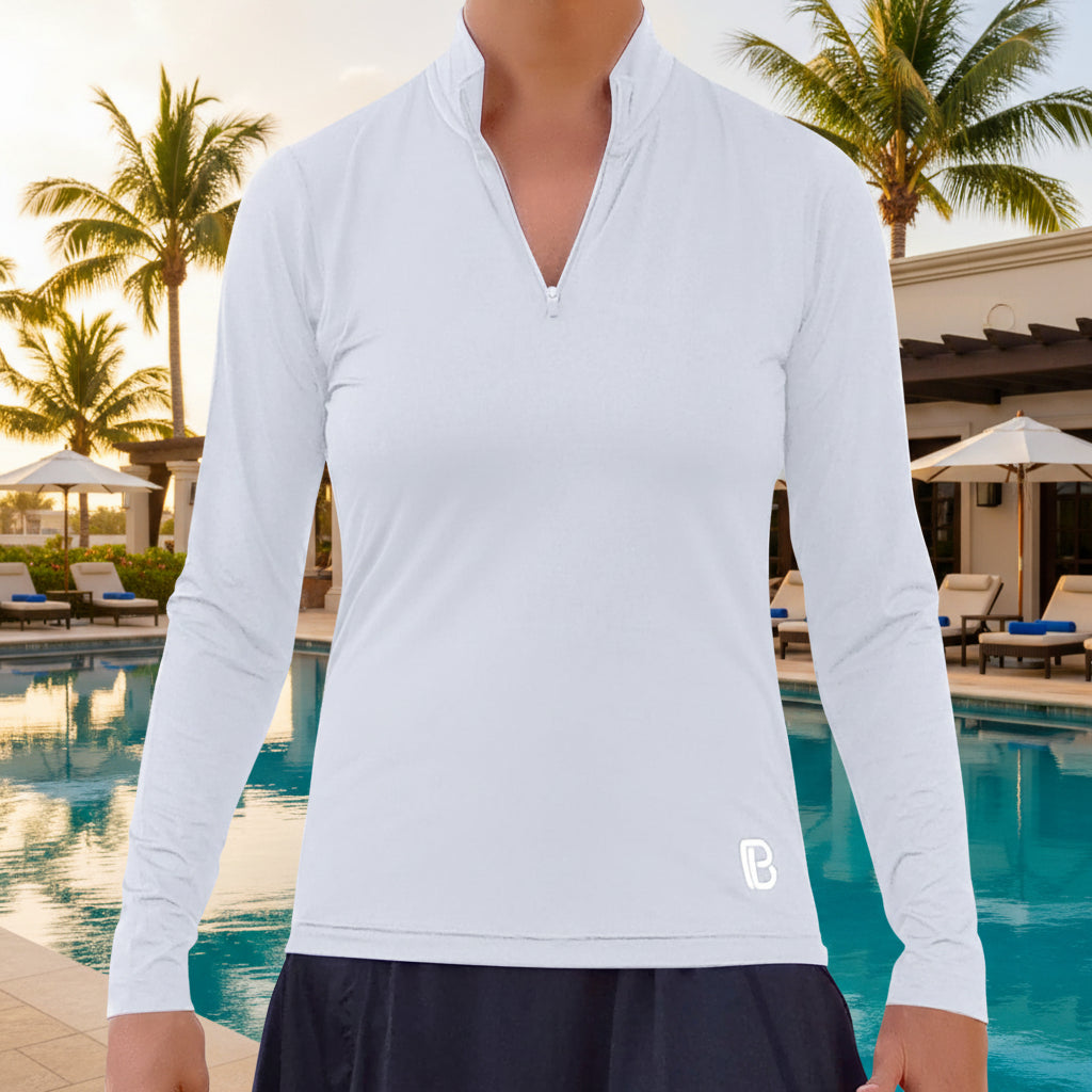 White long-sleeve athletic shirt with a logo on a light gray background