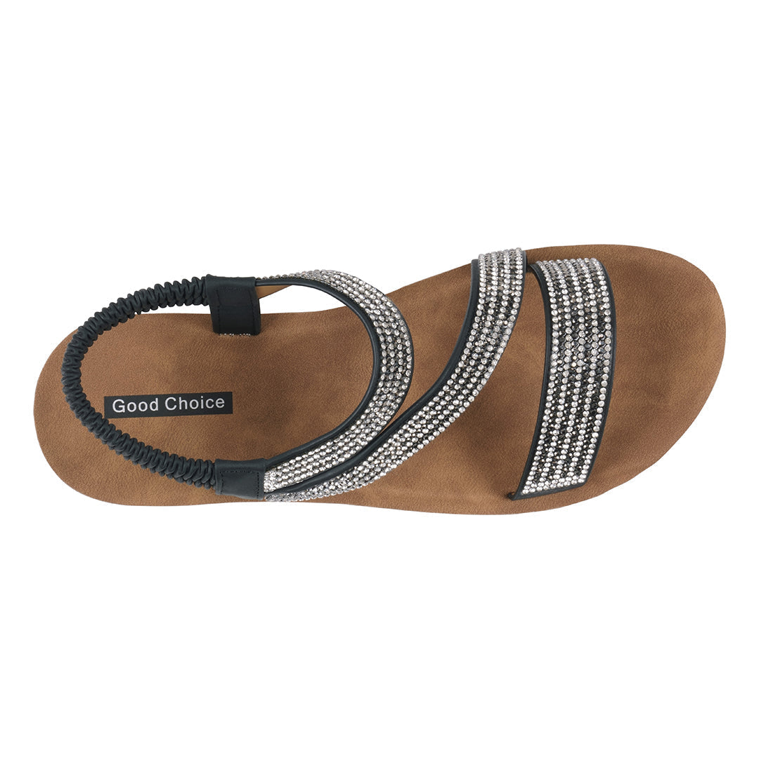 Brown sandal with rhinestone straps on a white background