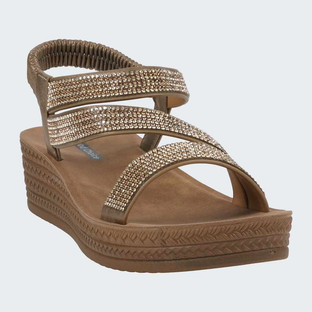 Brown wedge sandal with rhinestone straps on a white background