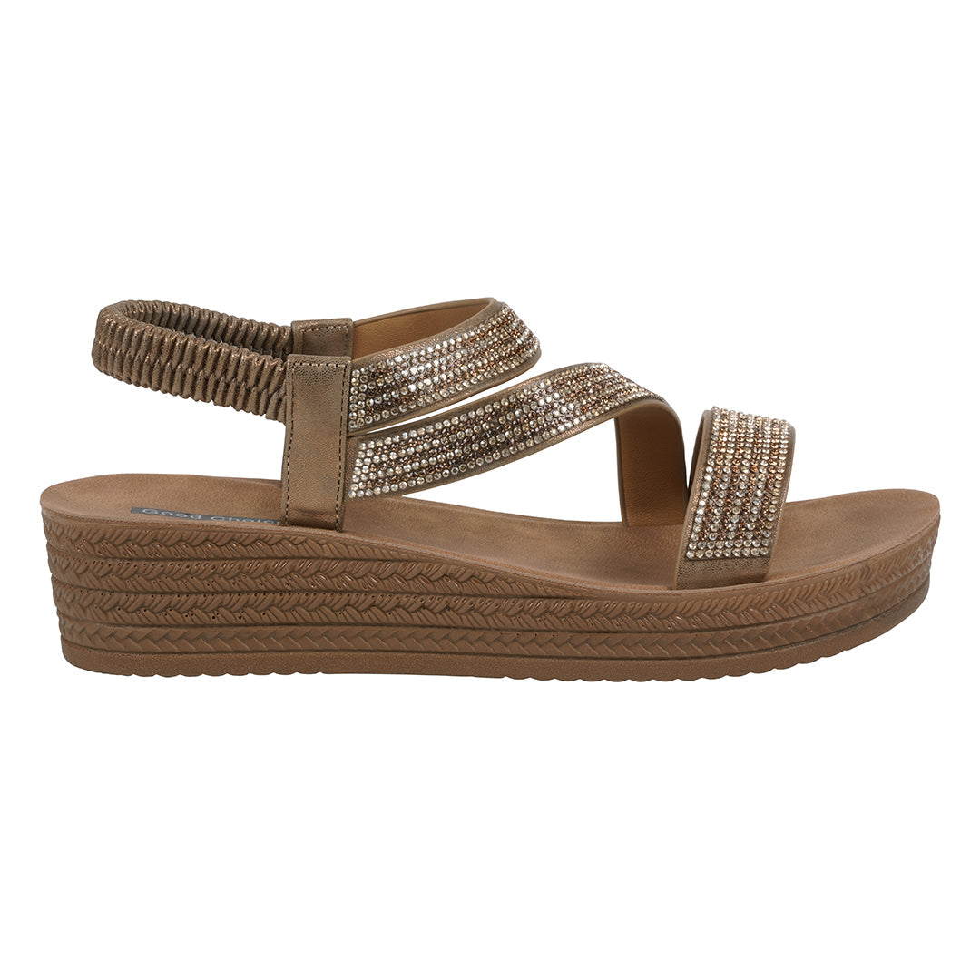 Brown sandal with rhinestone straps on a white background