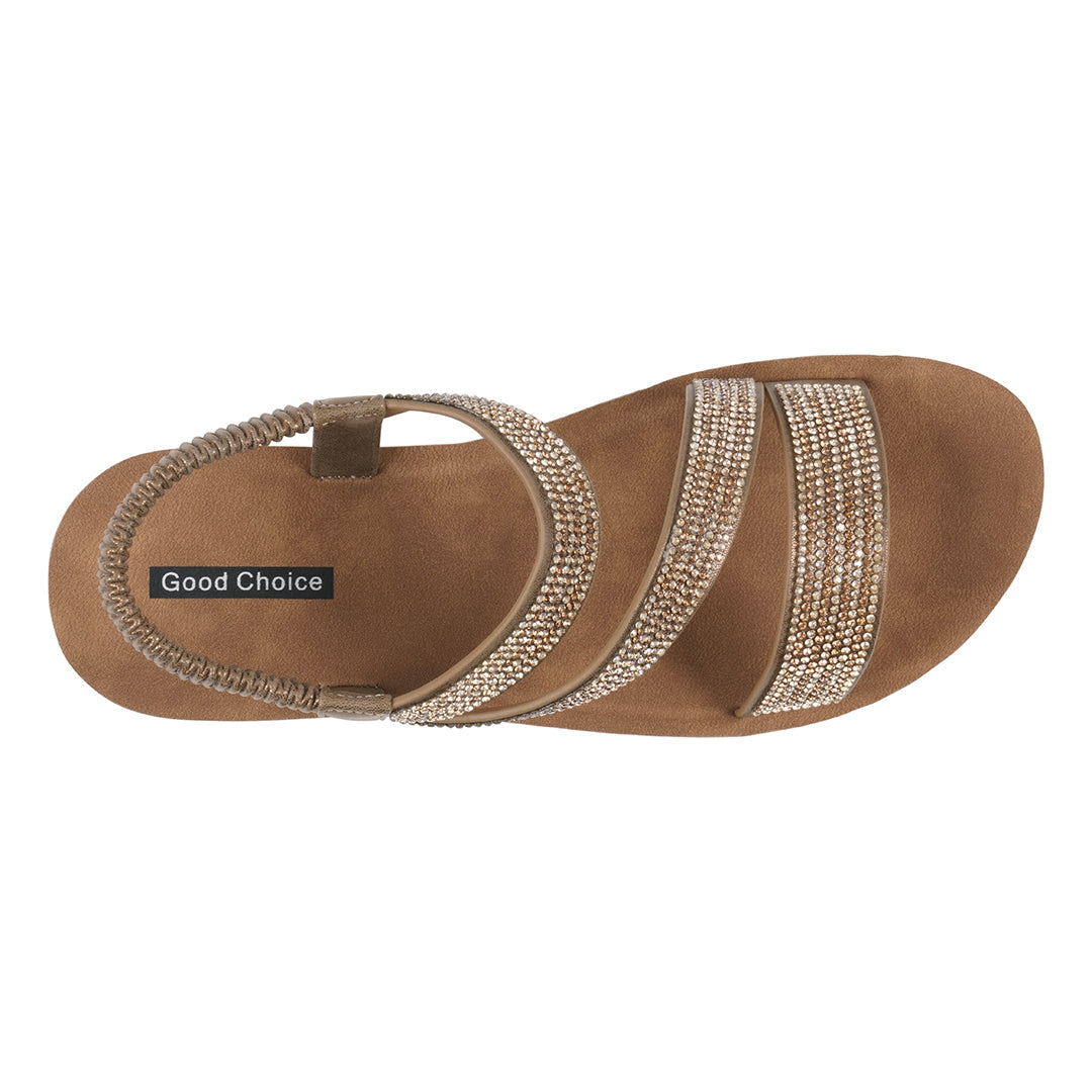 Brown sandal with rhinestone straps on a white background