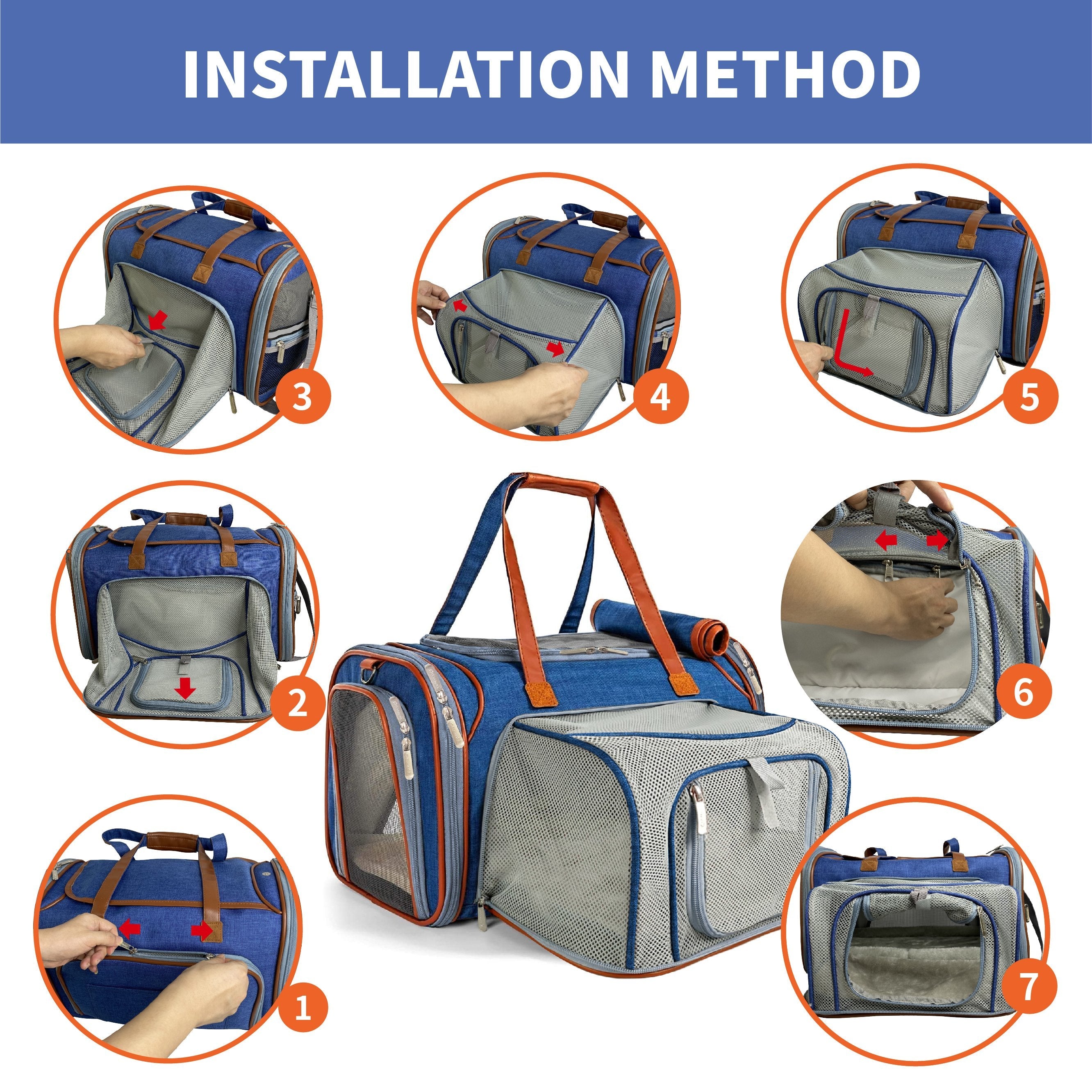 Step-by-step guide on how to install a pet carrier with images and numbers.