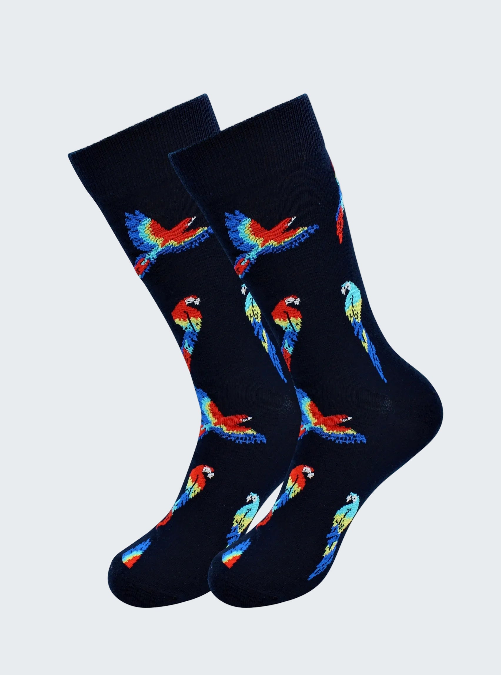 Pair of socks with colorful parrot design on a black background