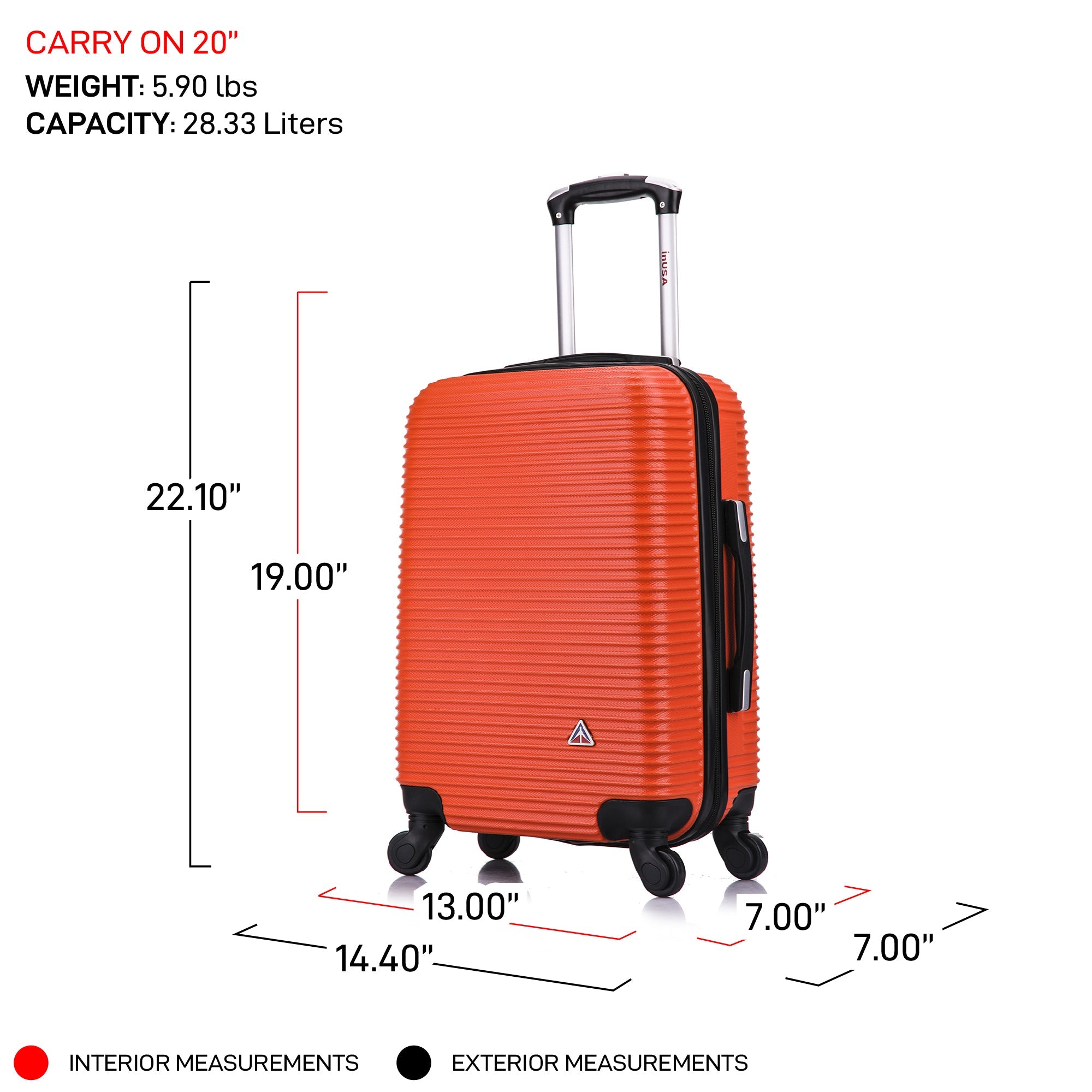 Orange carry-on suitcase with dimensions and weight capacity on a white background