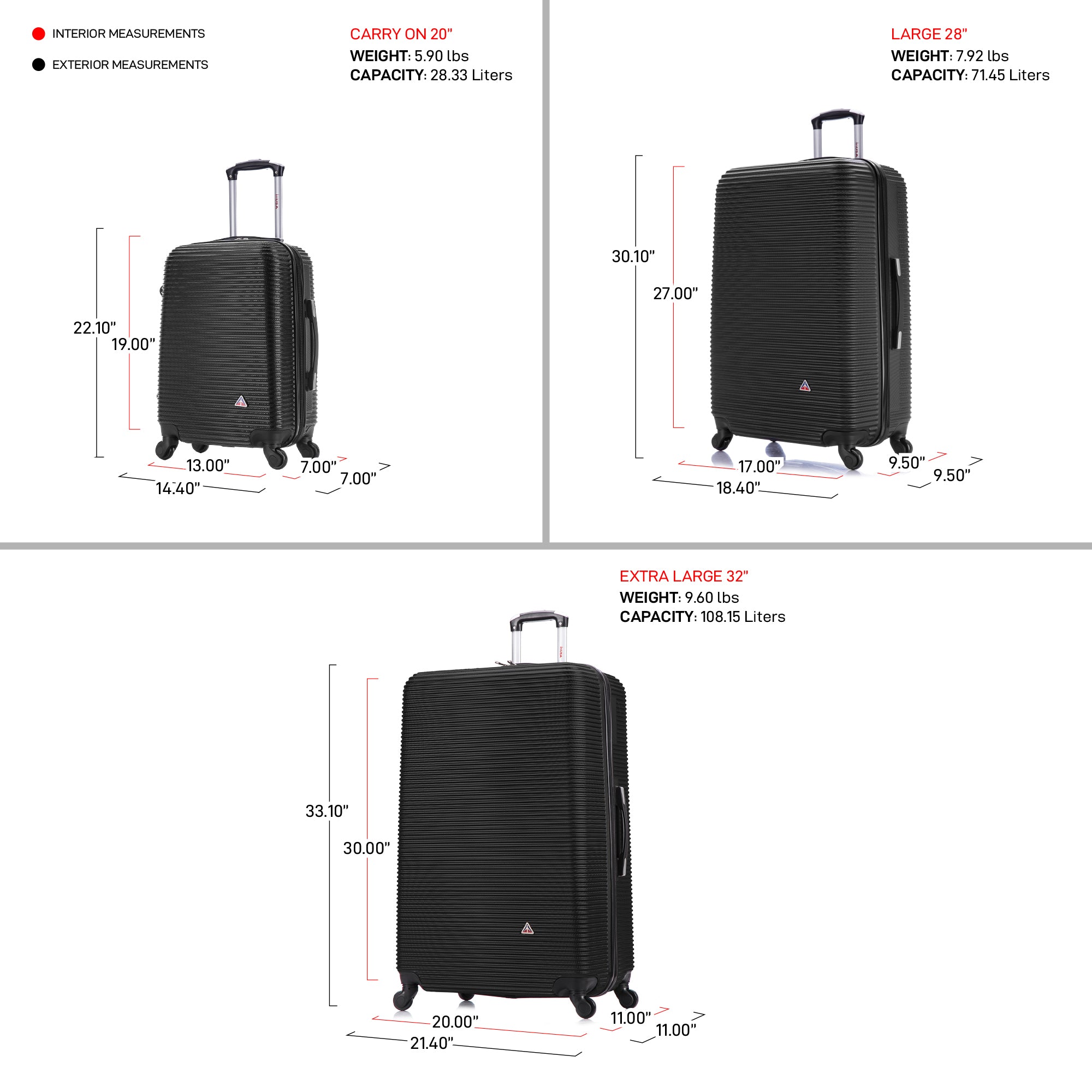 Black suitcases with measurements and specifications on a white background