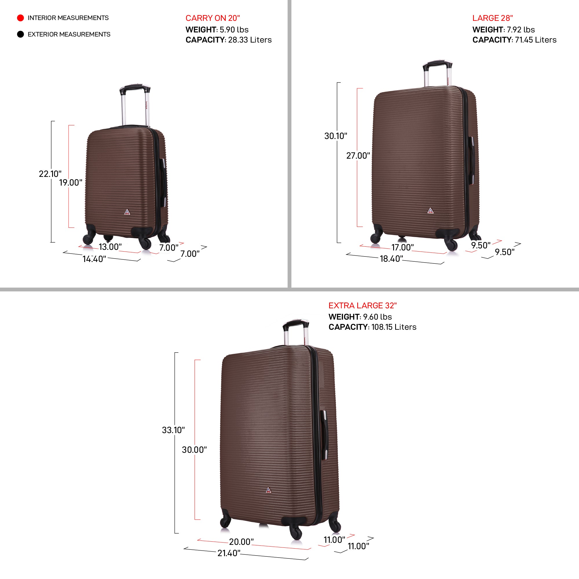 Brown suitcases with measurements and specifications on a white background