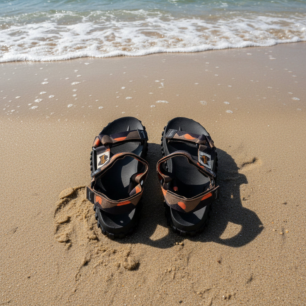Pair of black and orange sandals with a camouflage pattern on a white background