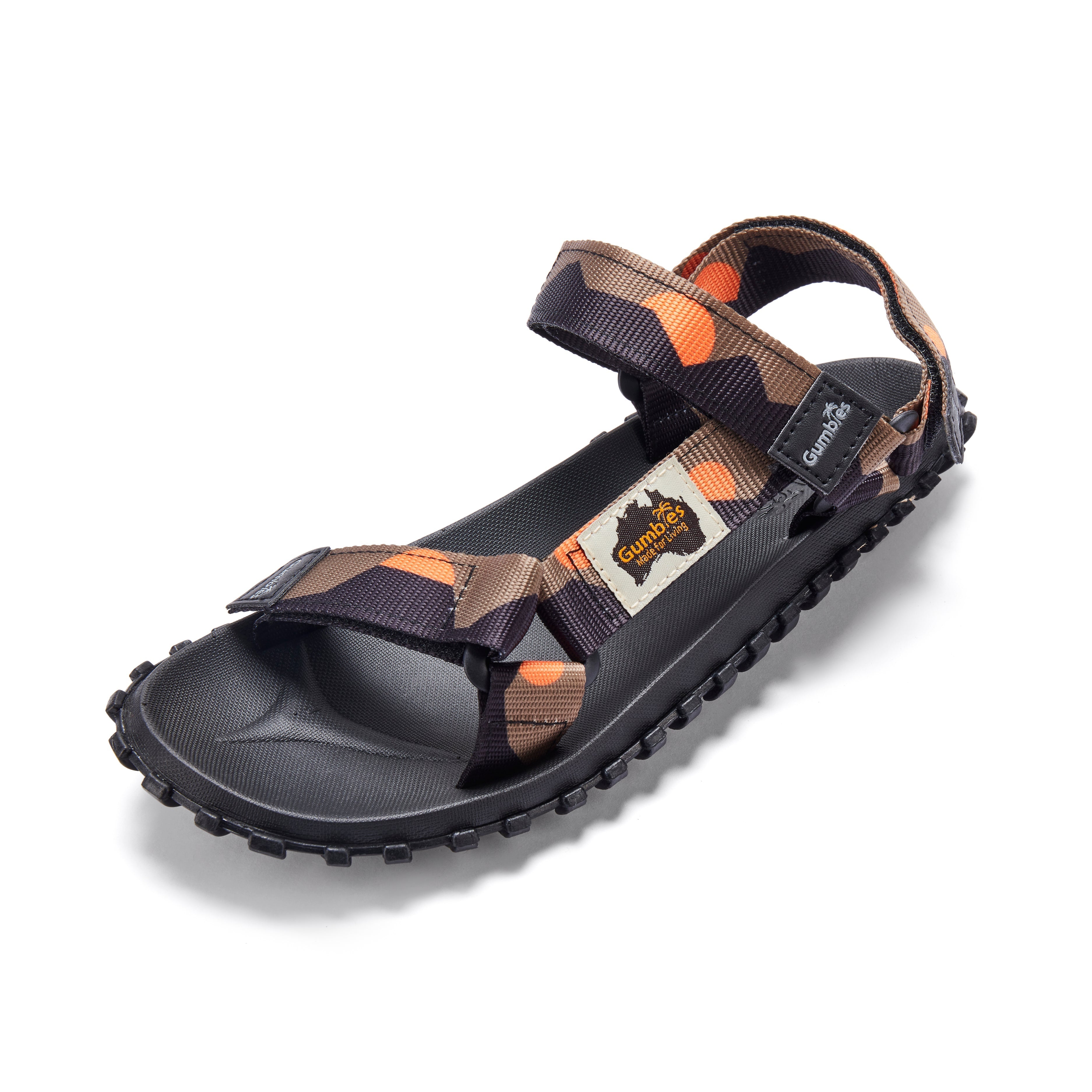 Black and orange sandal with a brand logo on a white background
