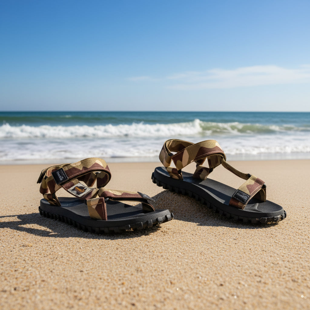 Pair of sandals with camouflage straps on a white background