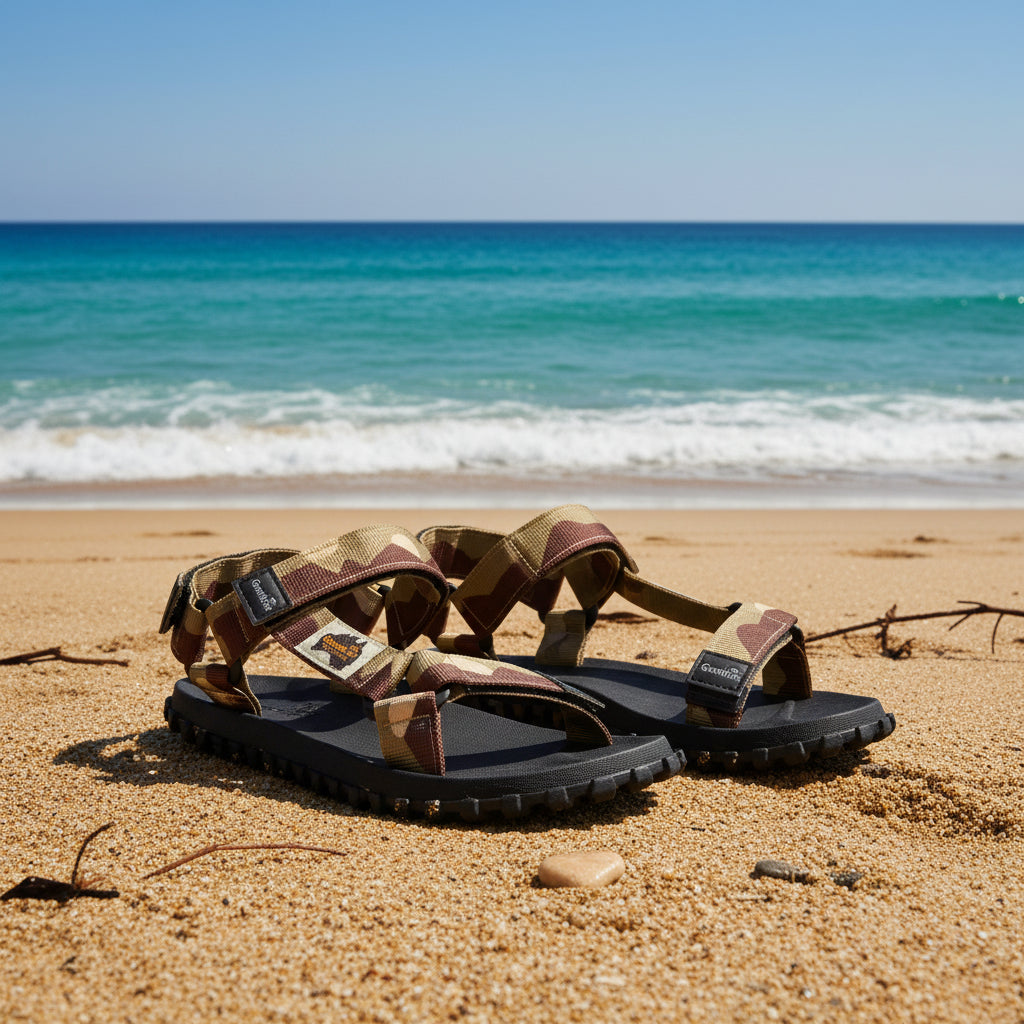 Pair of sandals with camouflage straps on a white background