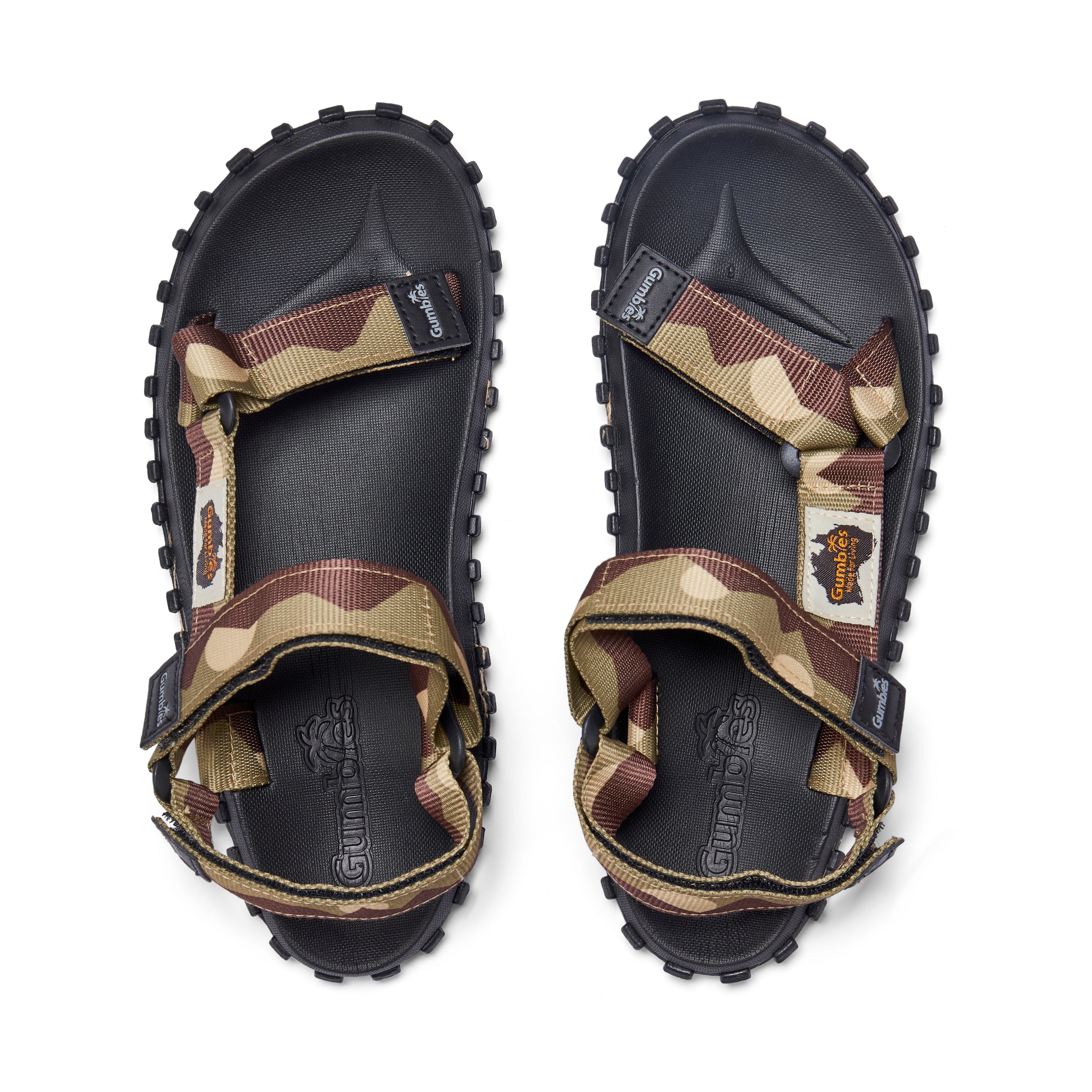 Pair of black sandals with camouflage straps on a white background