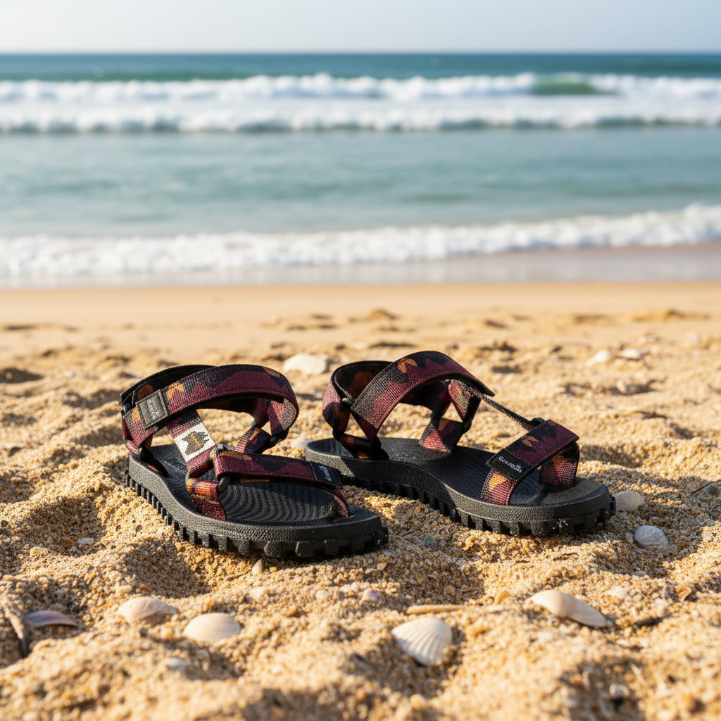Black sandals with patterned straps on a white background