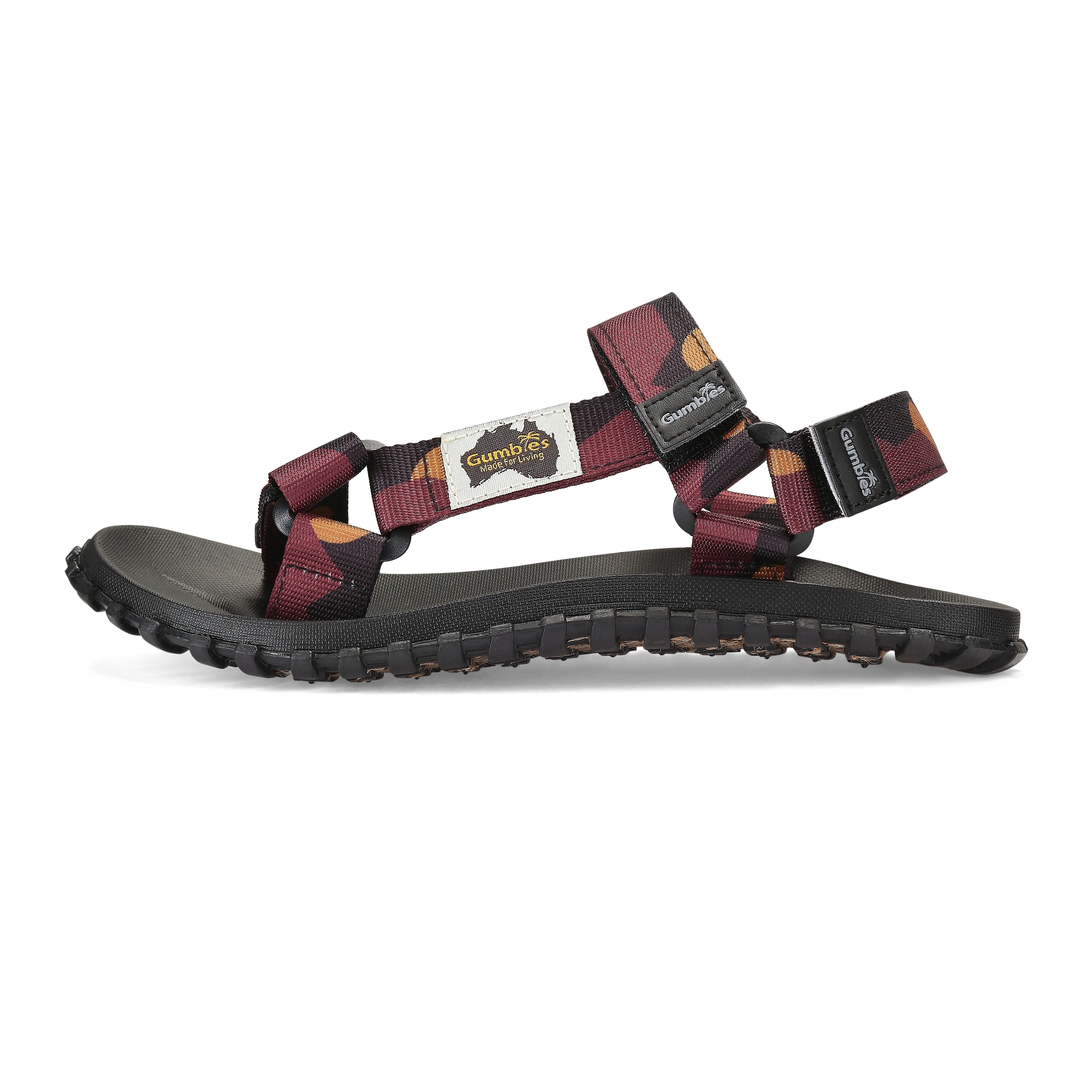 Multicolored sandal with a brand logo on a white background