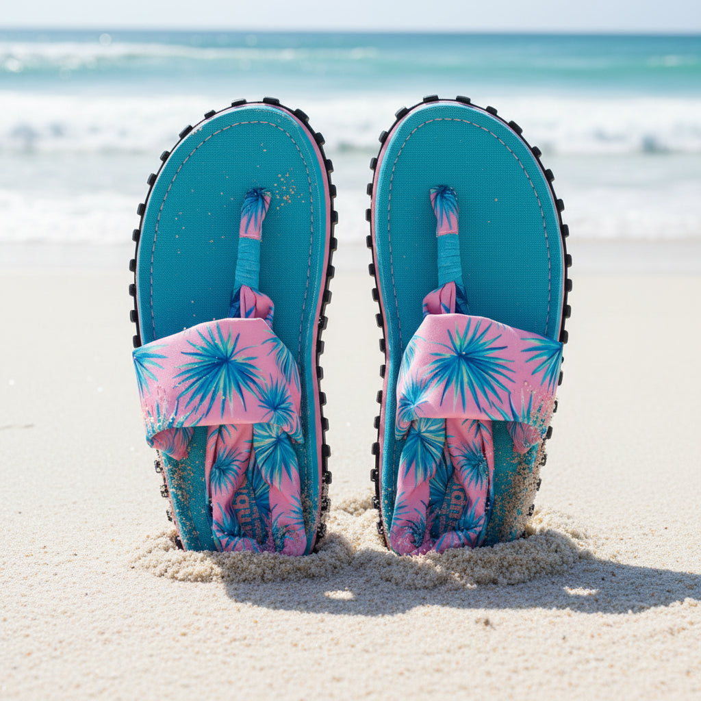 Pair of blue sandals with pink and blue floral straps on a white background