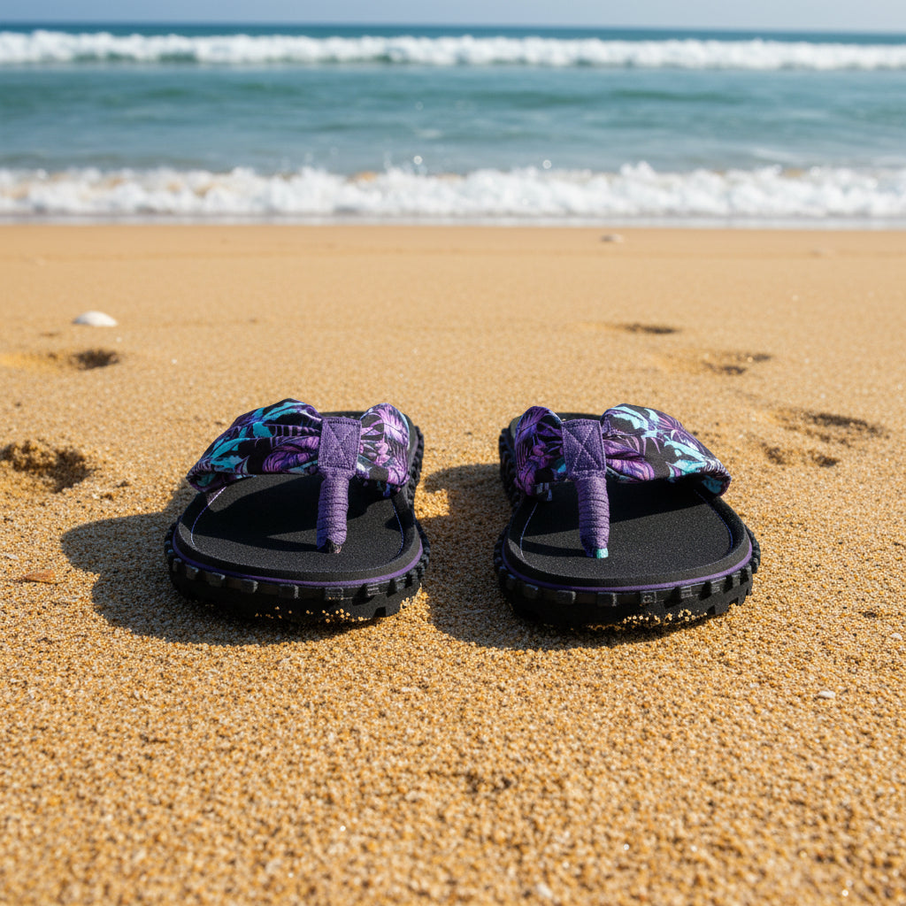 Pair of black sandals with purple and blue floral straps on a white background