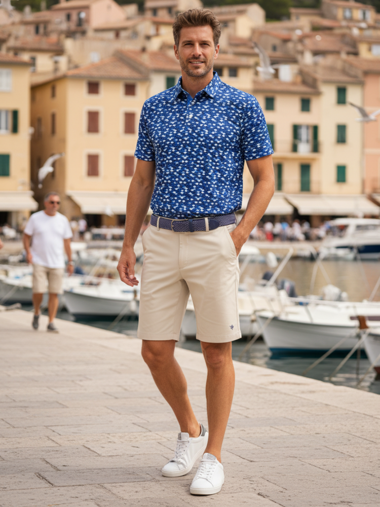 Man in a blue patterned shirt and beige shorts standing on a dock with boats and buildings in the background.