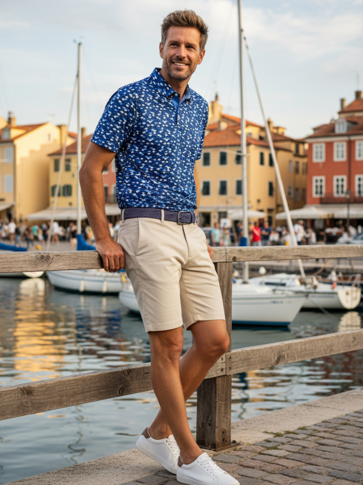 Man in a blue patterned shirt and beige shorts standing on a dock with boats and buildings in the background.
