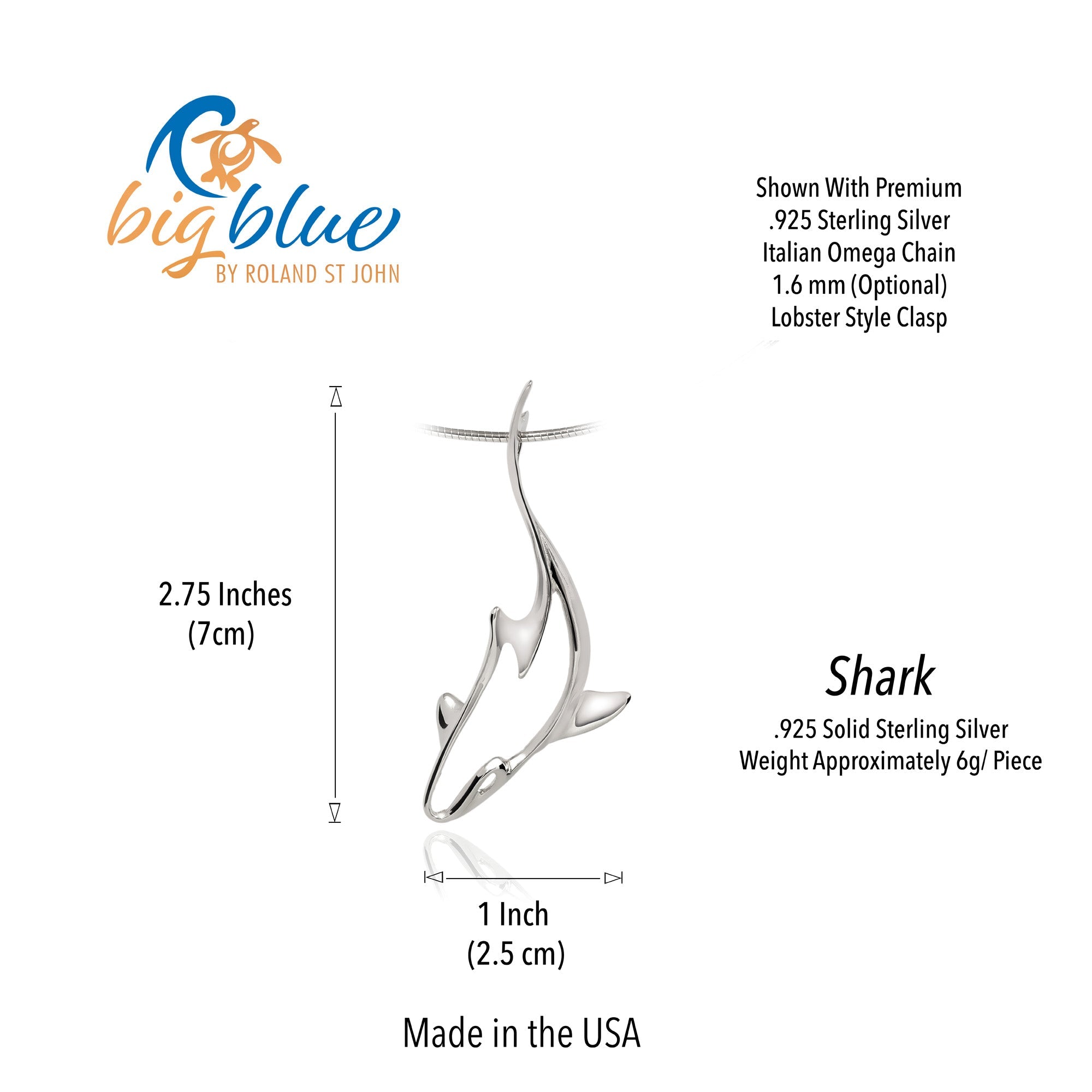 Shark-shaped silver earring with measurements and 'big blue by Roland St. John' branding.