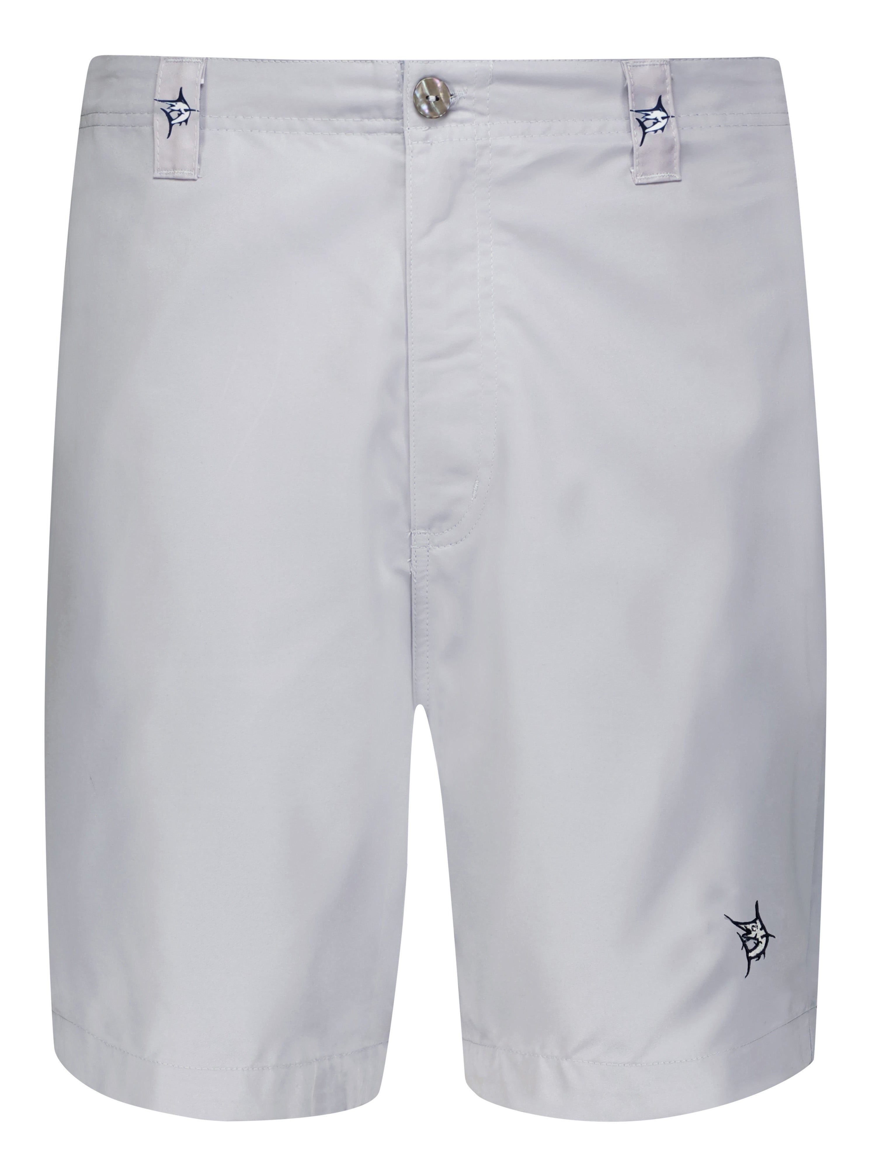 Light gray shorts with small logo on a white background