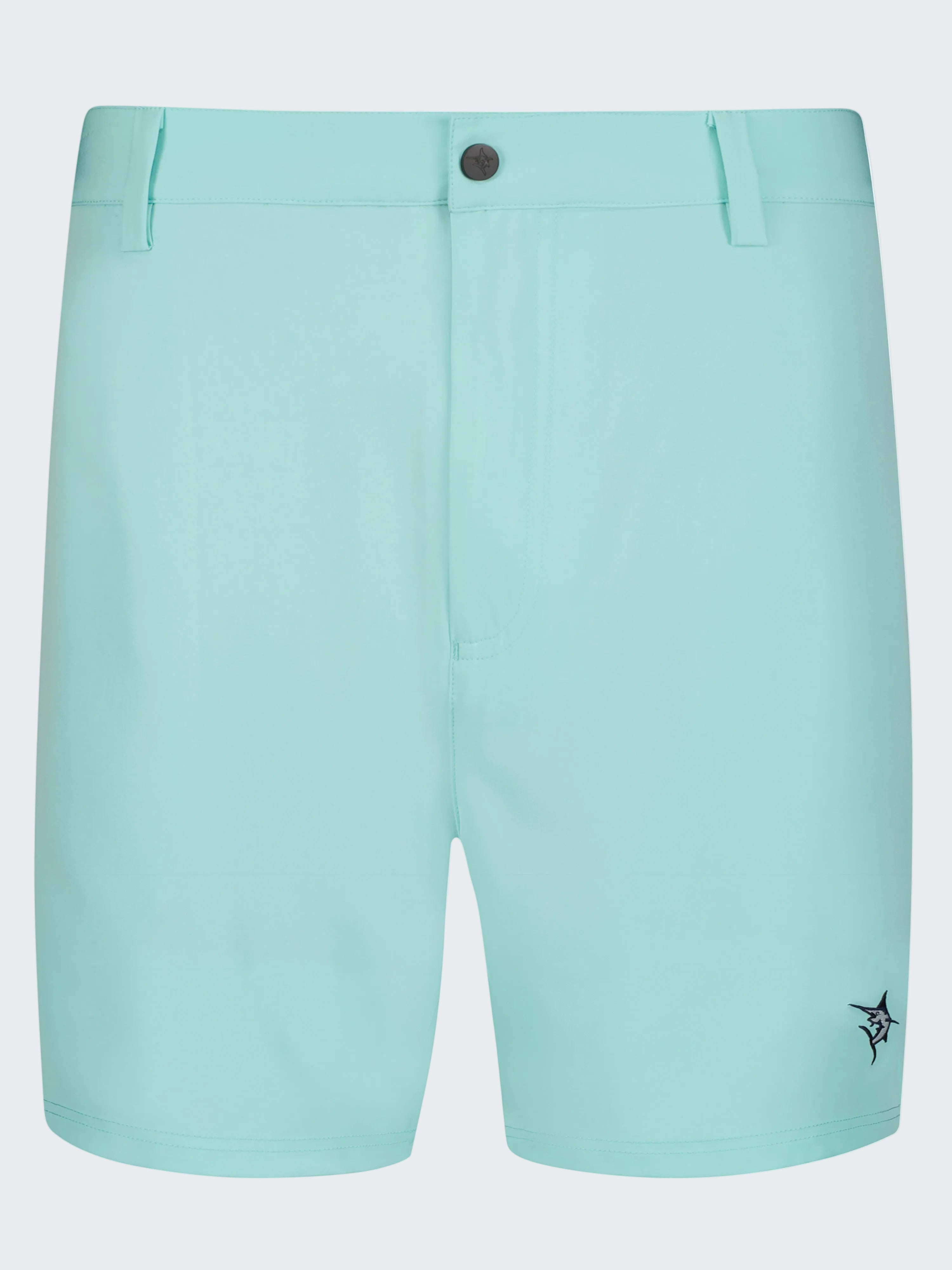 Light blue shorts with a small logo on a white background