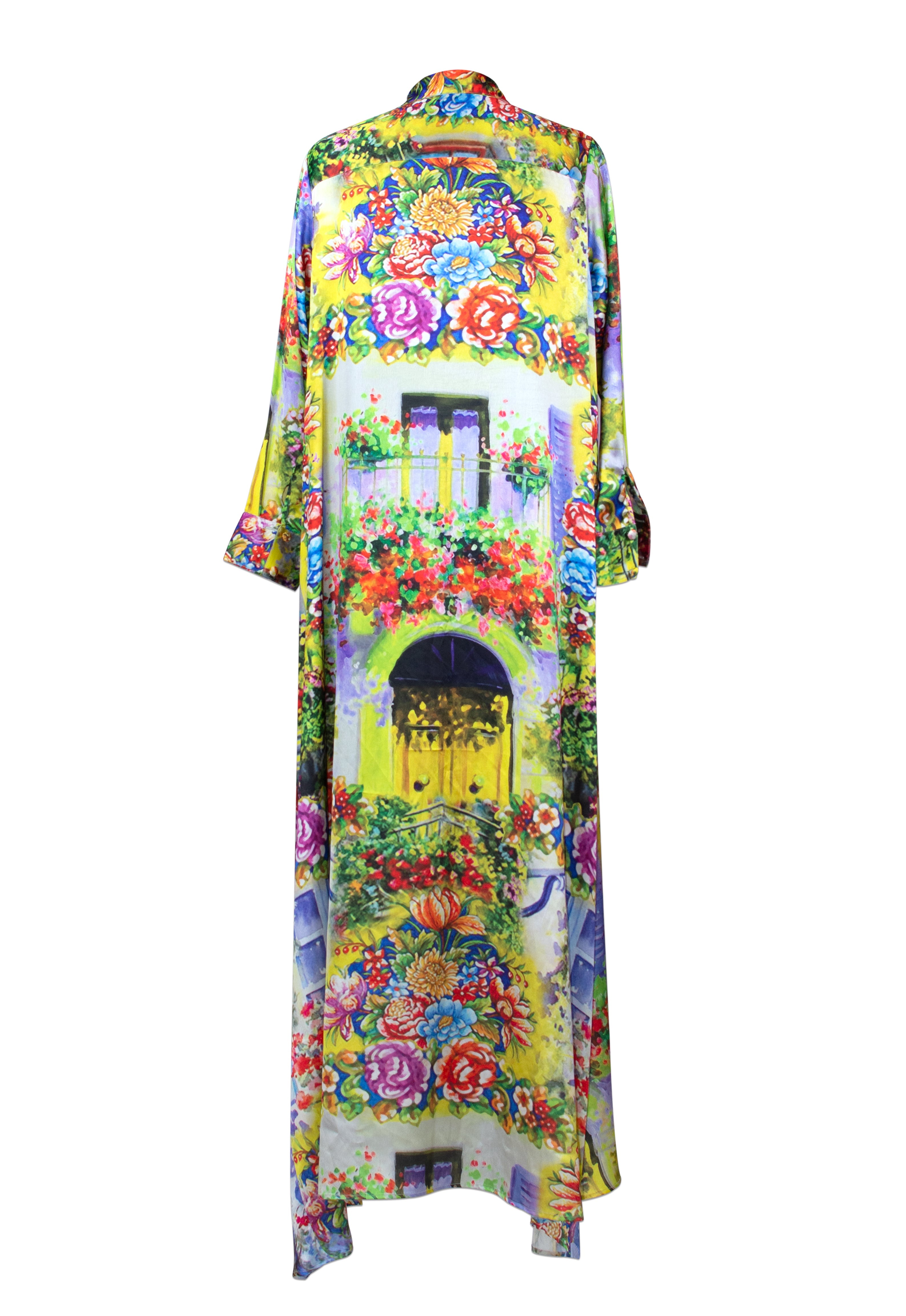 Colorful floral and architectural design dress on a white background