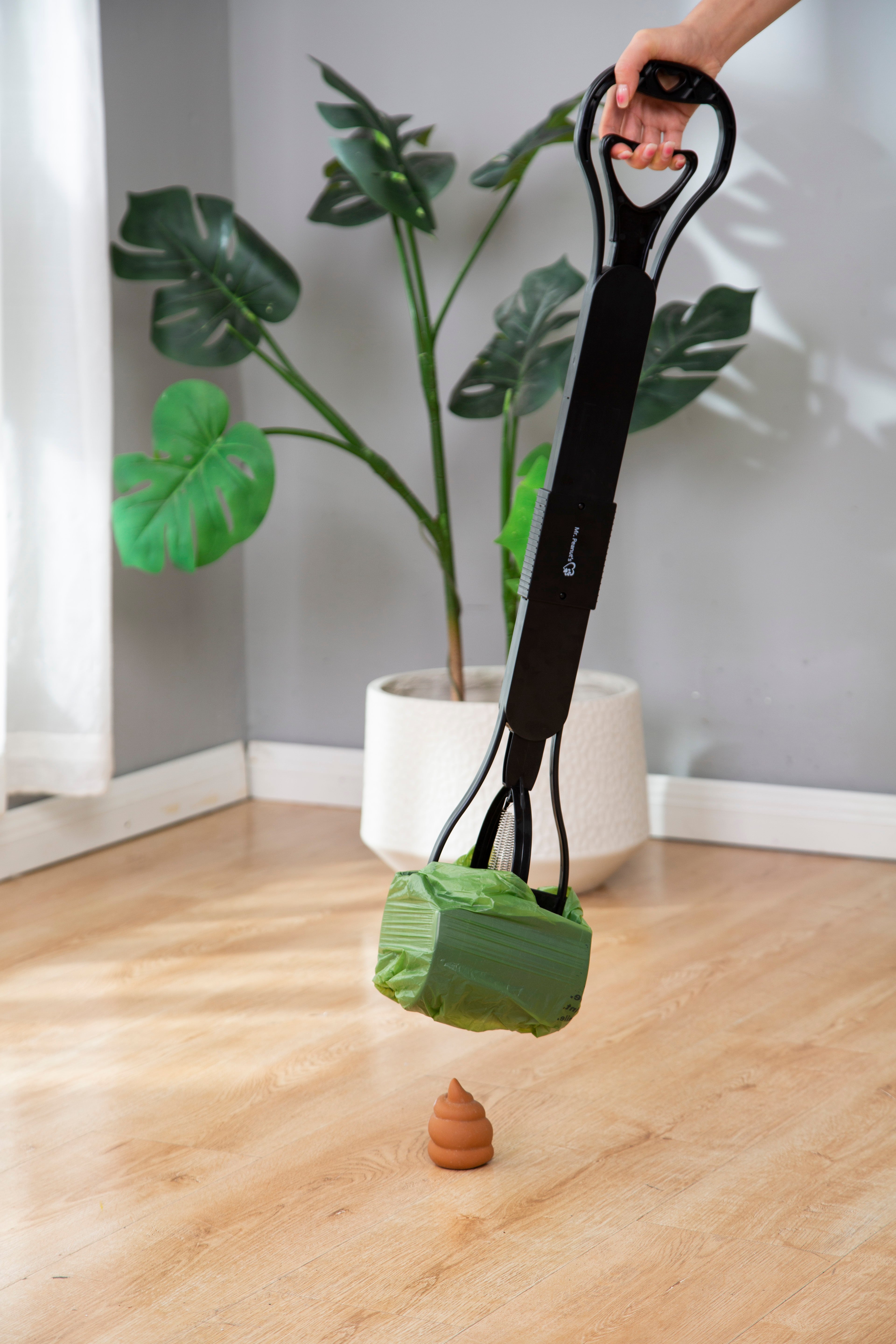 Person holding a black plant support structure with a green plant in a pot on a wooden floor.