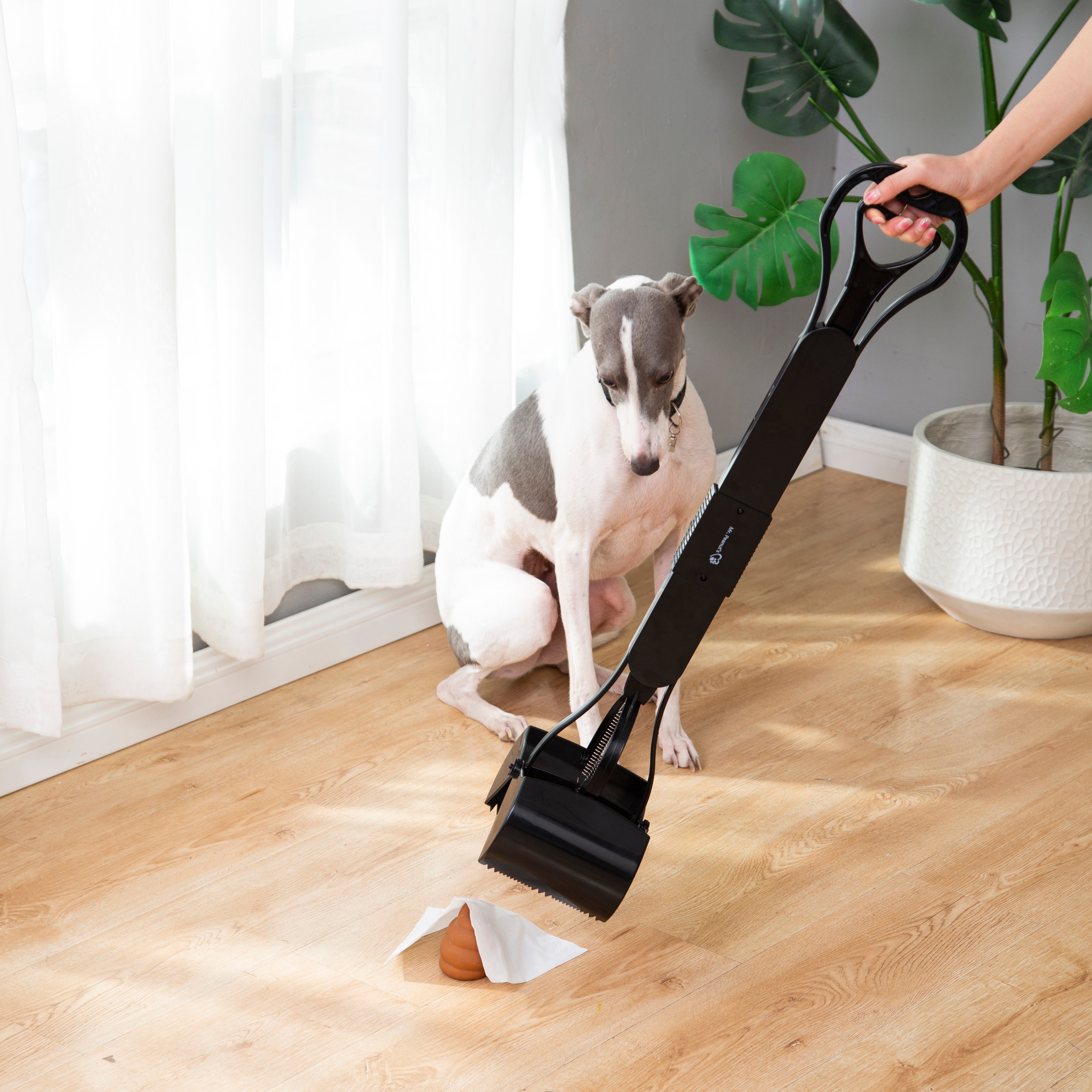 Person using a pet grooming tool on a wooden floor with a dog sitting nearby.
