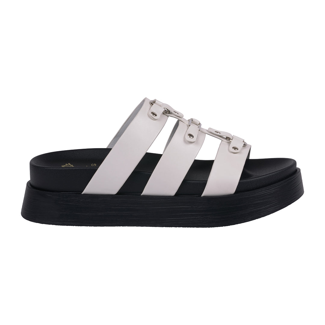 Black and white sandal with three straps on a white background