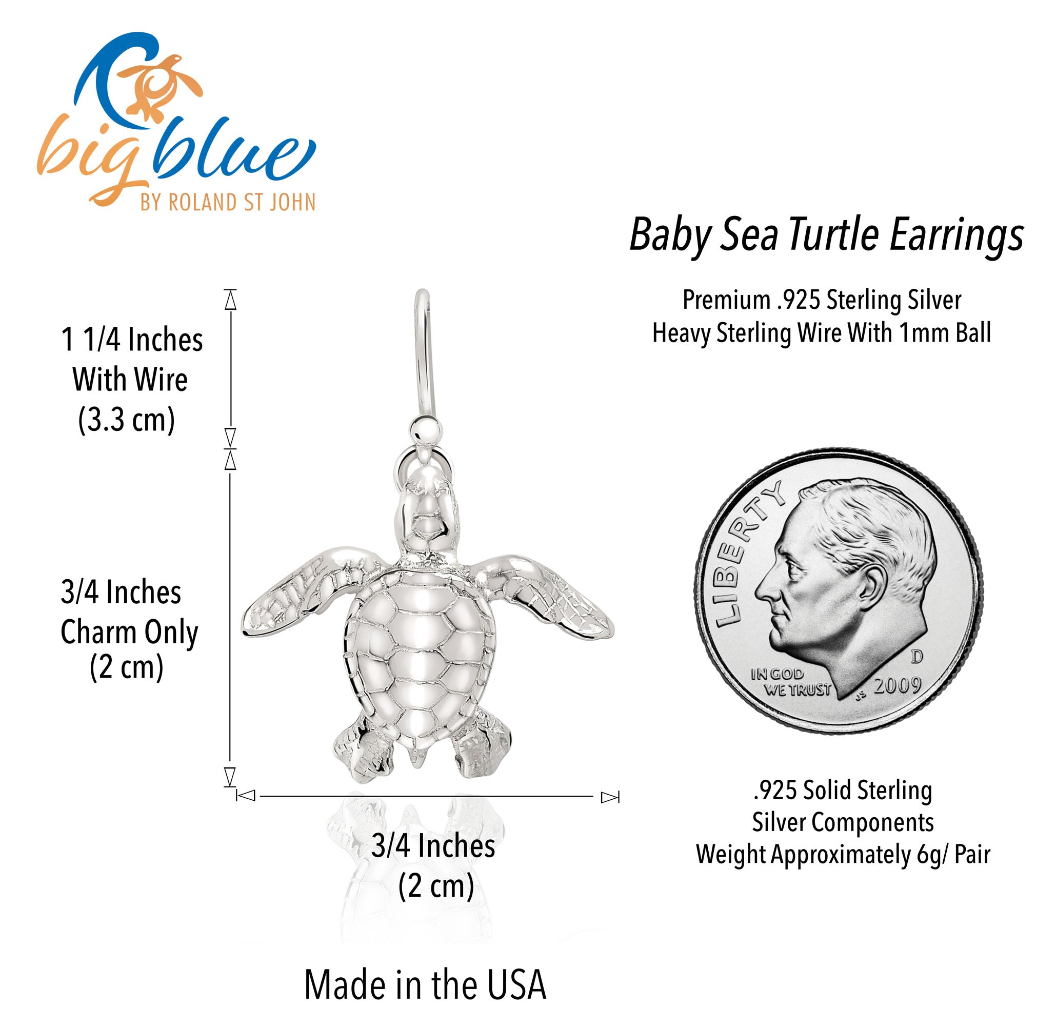 Silver baby sea turtle earrings with measurements and a quarter for scale on a white background.