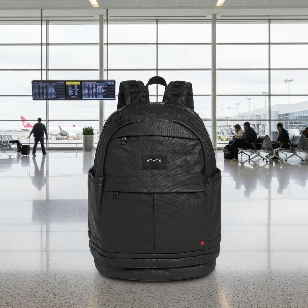 Black backpack with 'STATE' logo on a white background