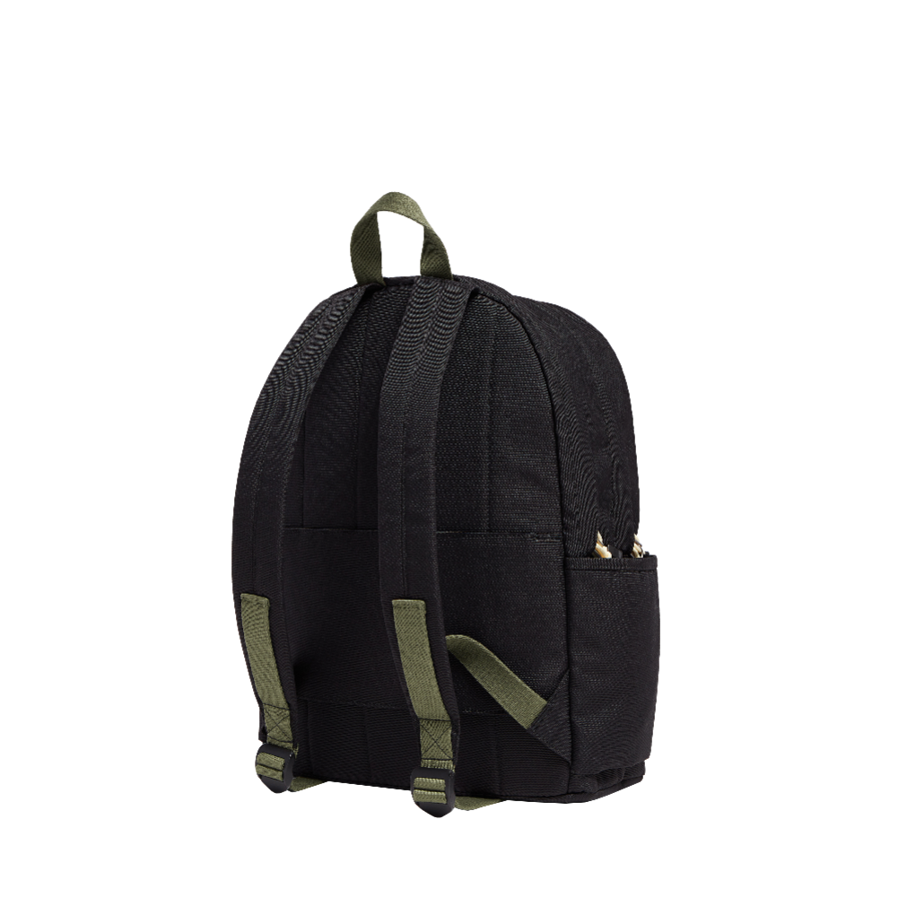 Black backpack with green straps on a white background