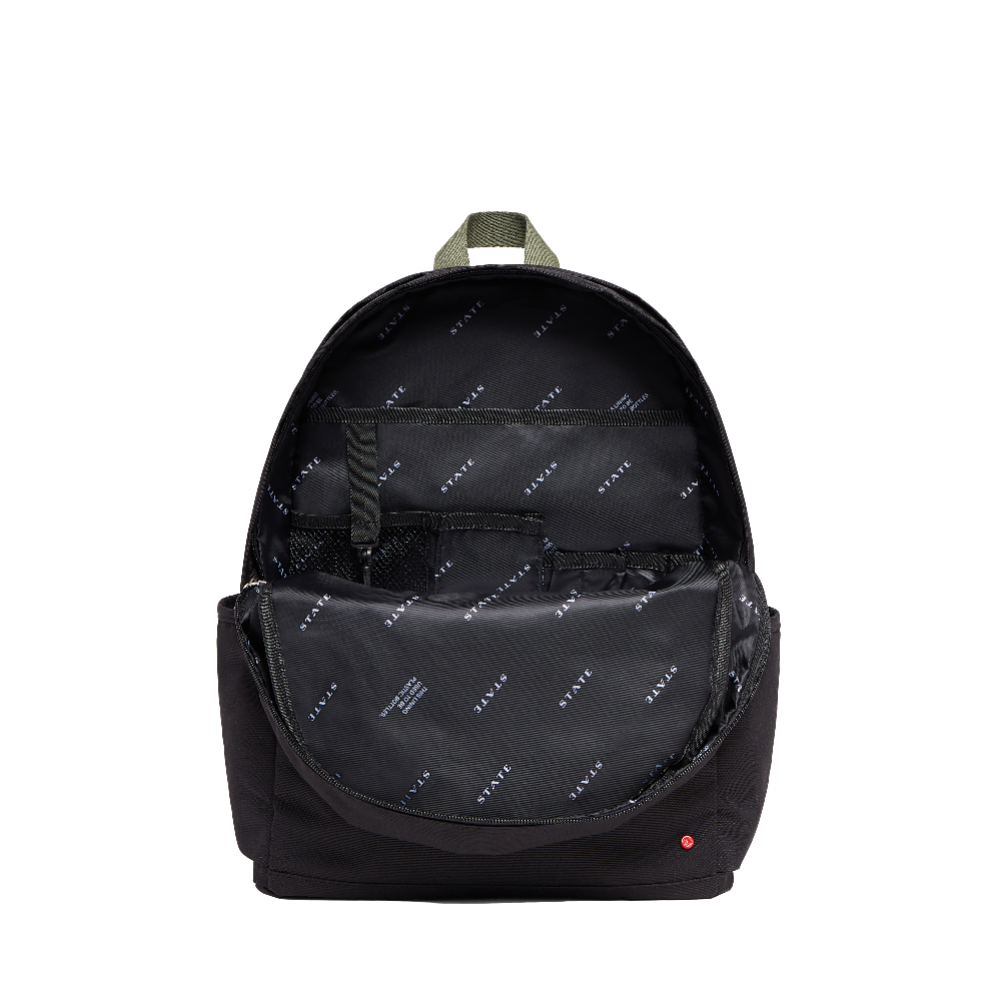Black backpack with brand logo on a white background