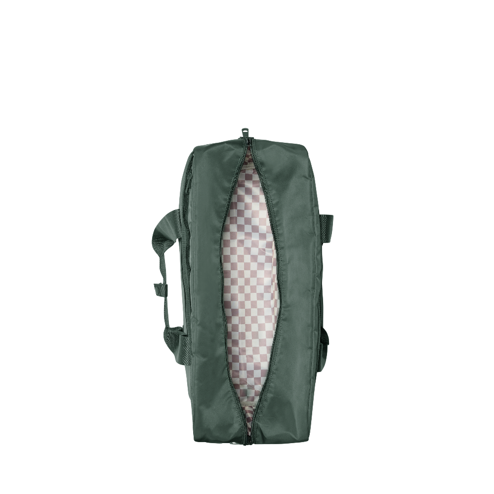 Green travel bag with a checkered interior on a white background