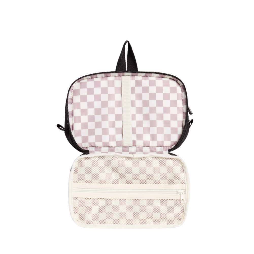 Checkered toiletry bag with a black strap on a white background
