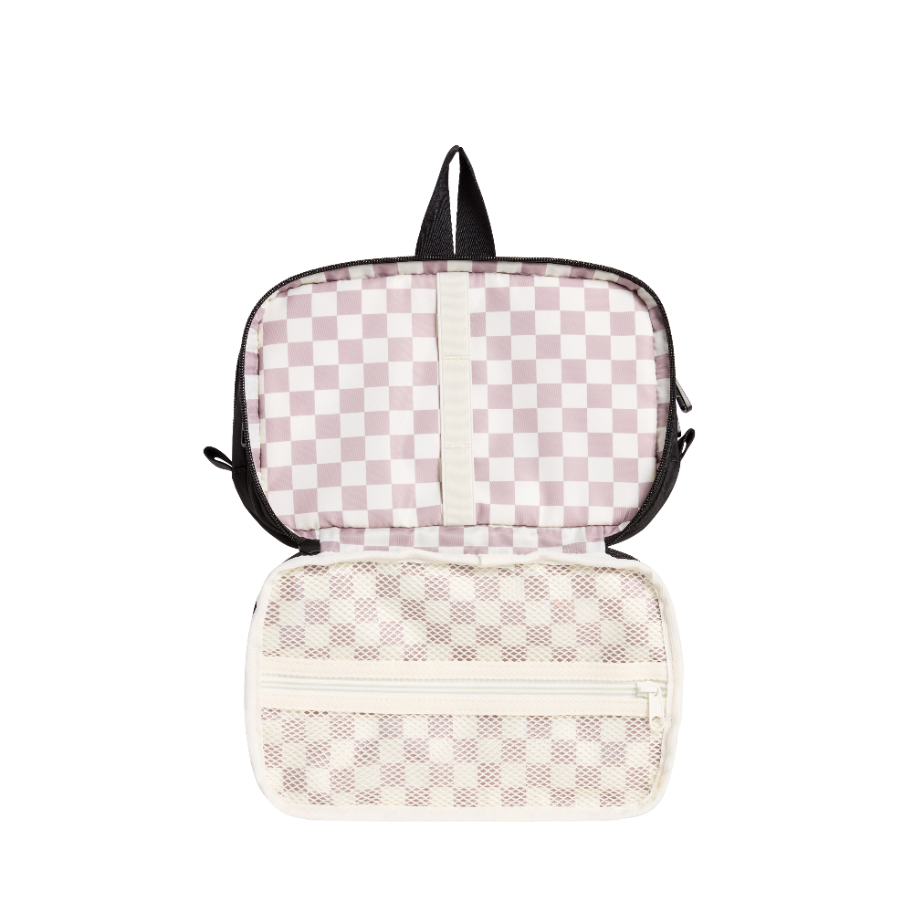 Checkered toiletry bag with a black strap on a white background