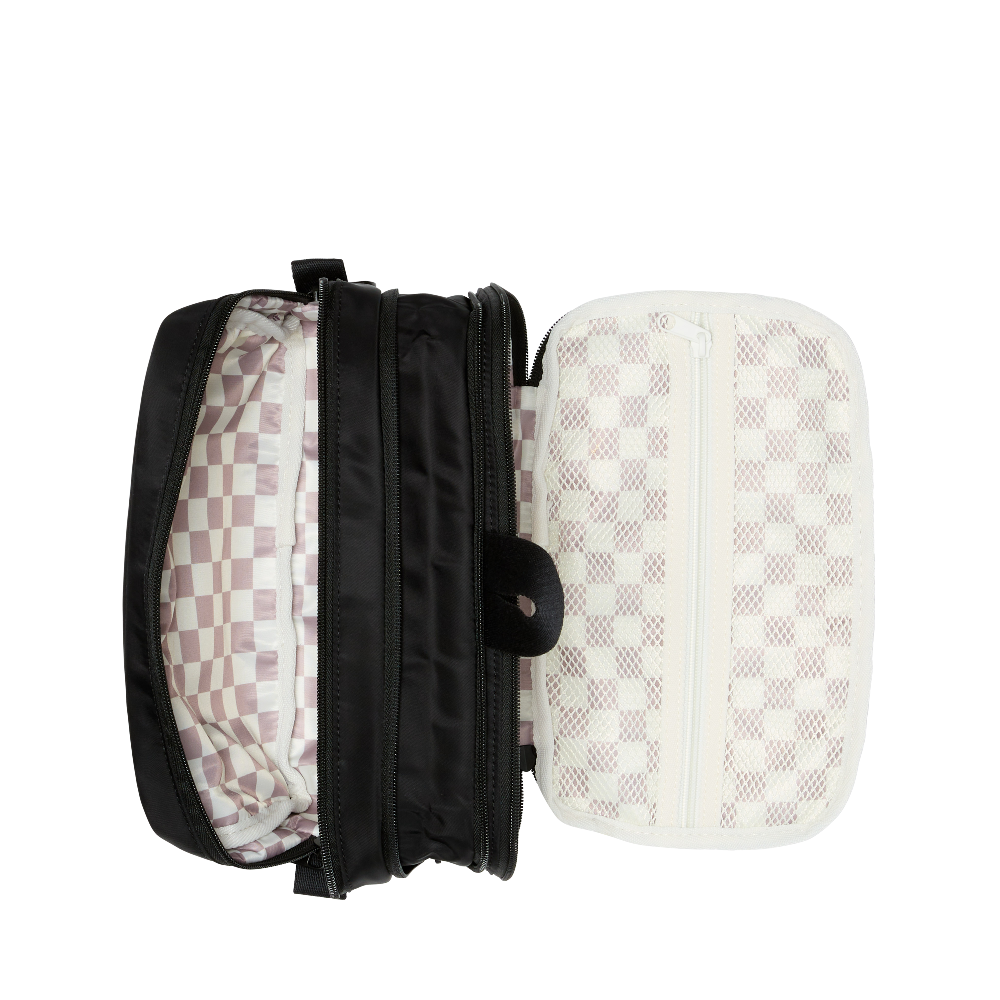 Checkered patterned pouch with a black zipper on a white background