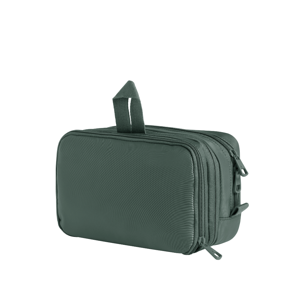 Green toiletry bag on a white background