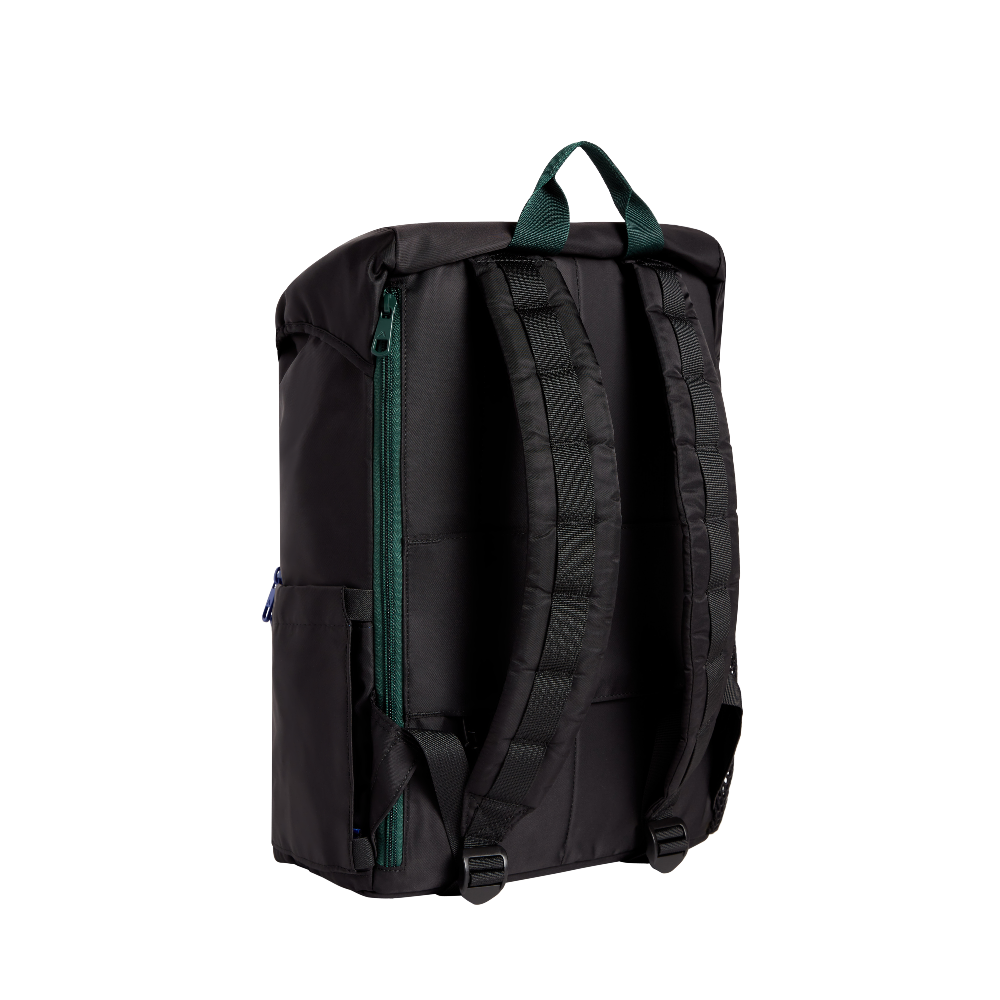 Black backpack with green zippers on a white background