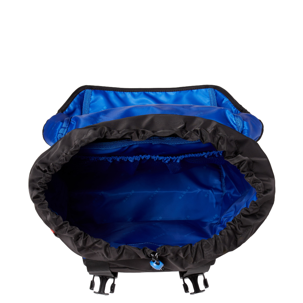Black and blue backpack interior on a white background
