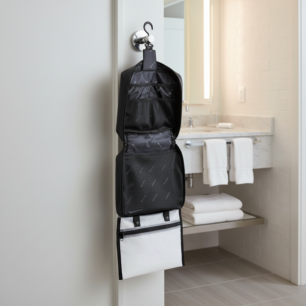 Black hanging toiletry bag with clear base on a white background