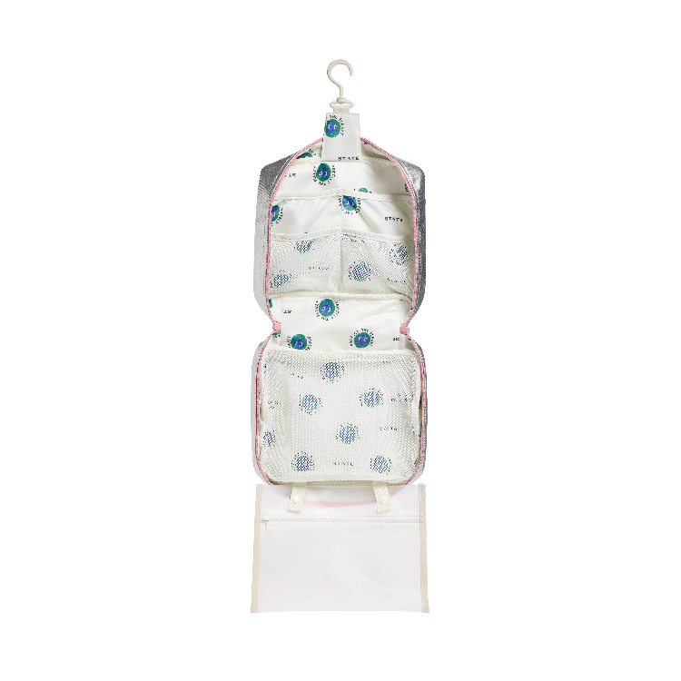 White diaper bag with floral patterns on a clear background